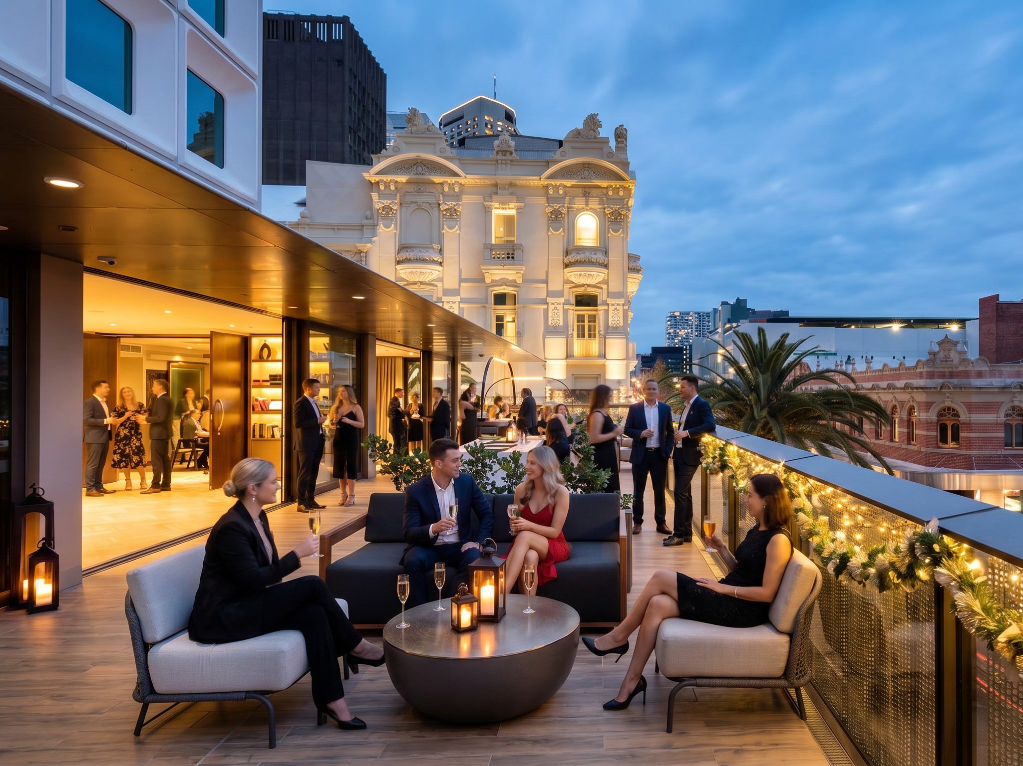 Guests gathered on the rooftop for a celebration.