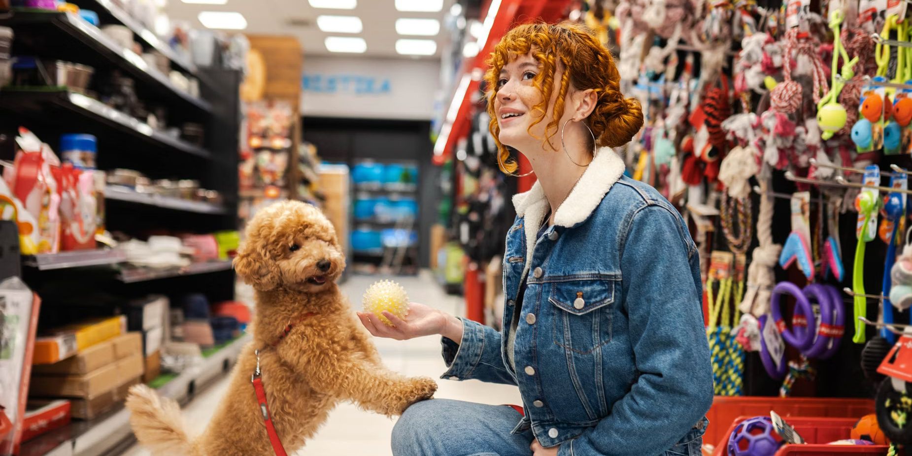 Owner and dog in pet store.