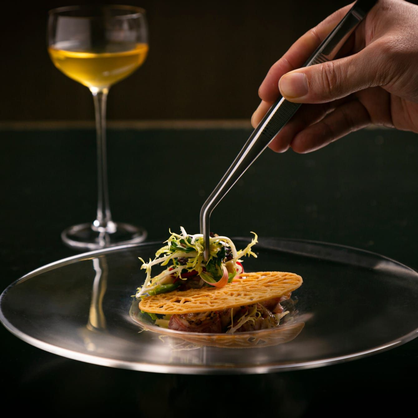 Un chef experto aplica los toques finales a un elegante plato con pinzas de chef.