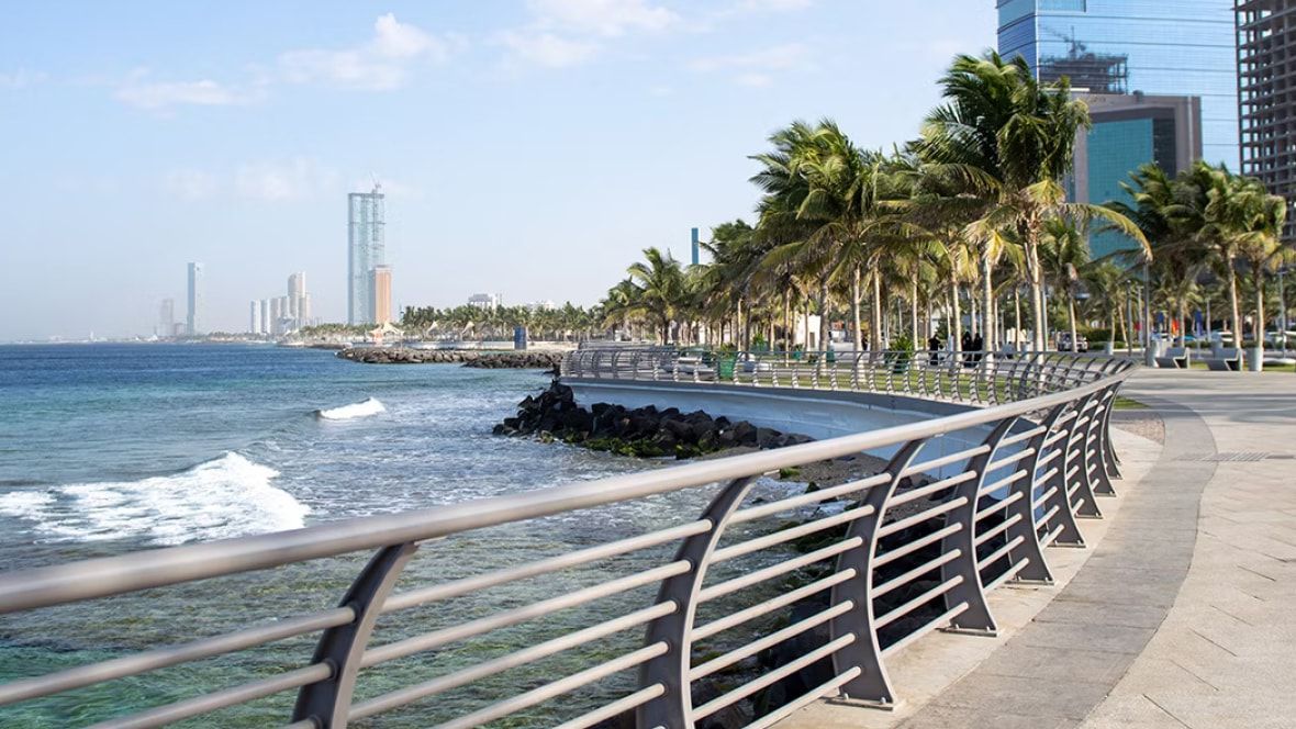 curved walkway along ocean with city and palm trees beyond