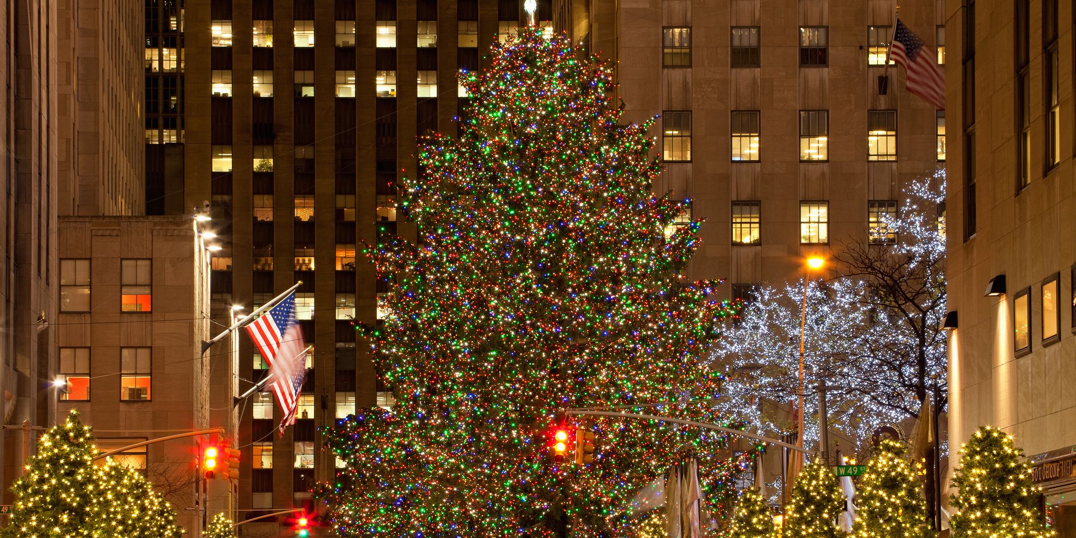 Rockefeller Tree lit up with holiday lights.