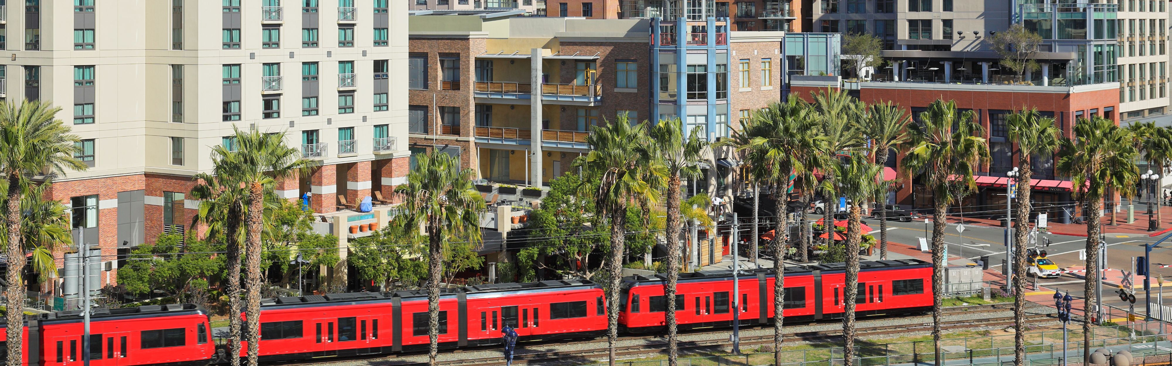 San Diego street and buildings lined with palm trees.