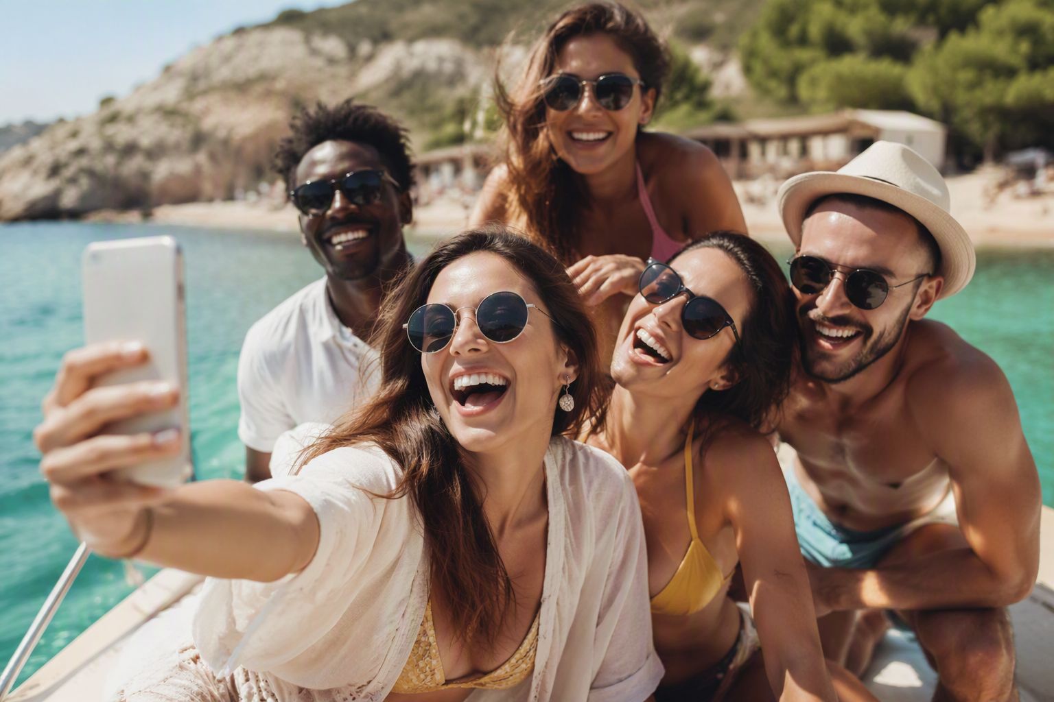 Group of five people wearing sunglasses on a boat, taking a selfie near a rocky coastline with clear turquoise water in the background.