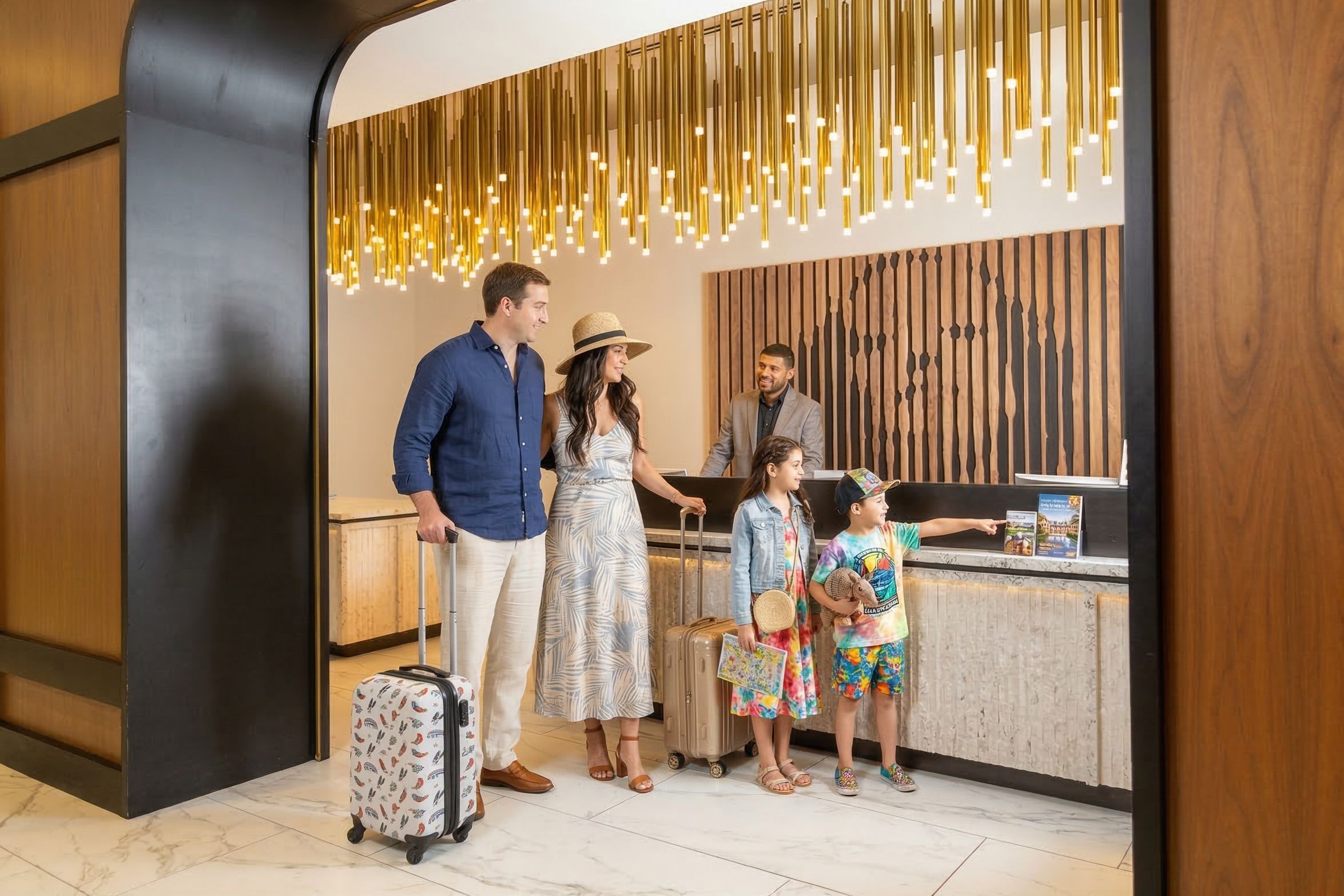 family checking into hotel with reception