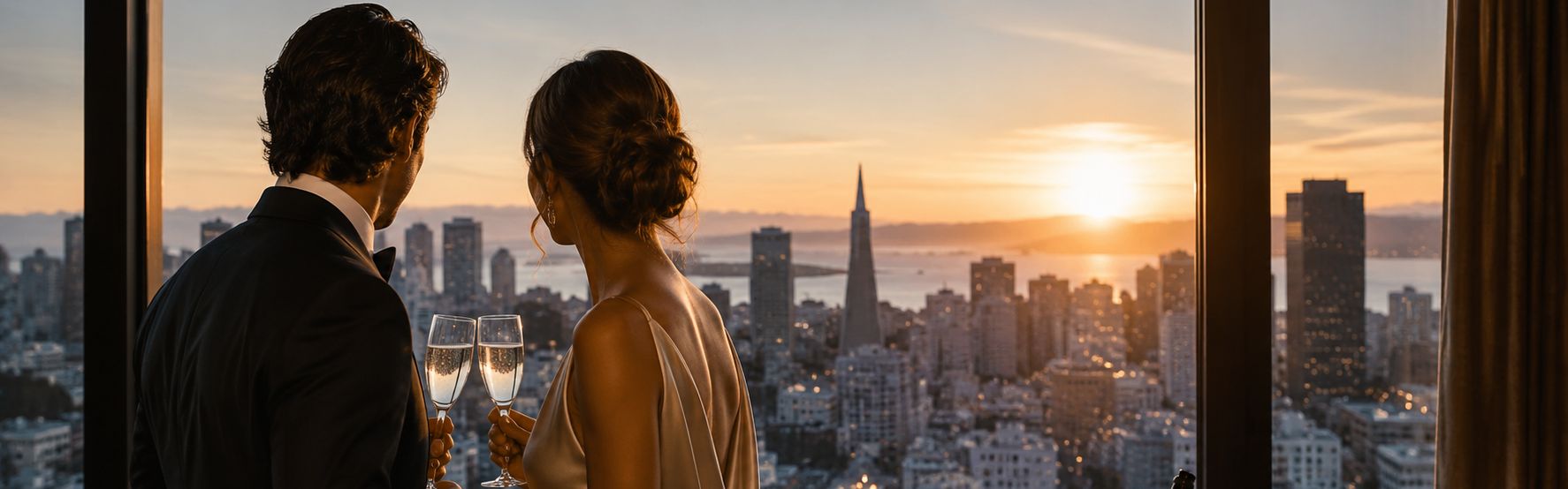 Two people in formal attire stand by a large window overlooking a city skyline at sunset, holding champagne glasses as the sun sets behind tall buildings and water in the distance.