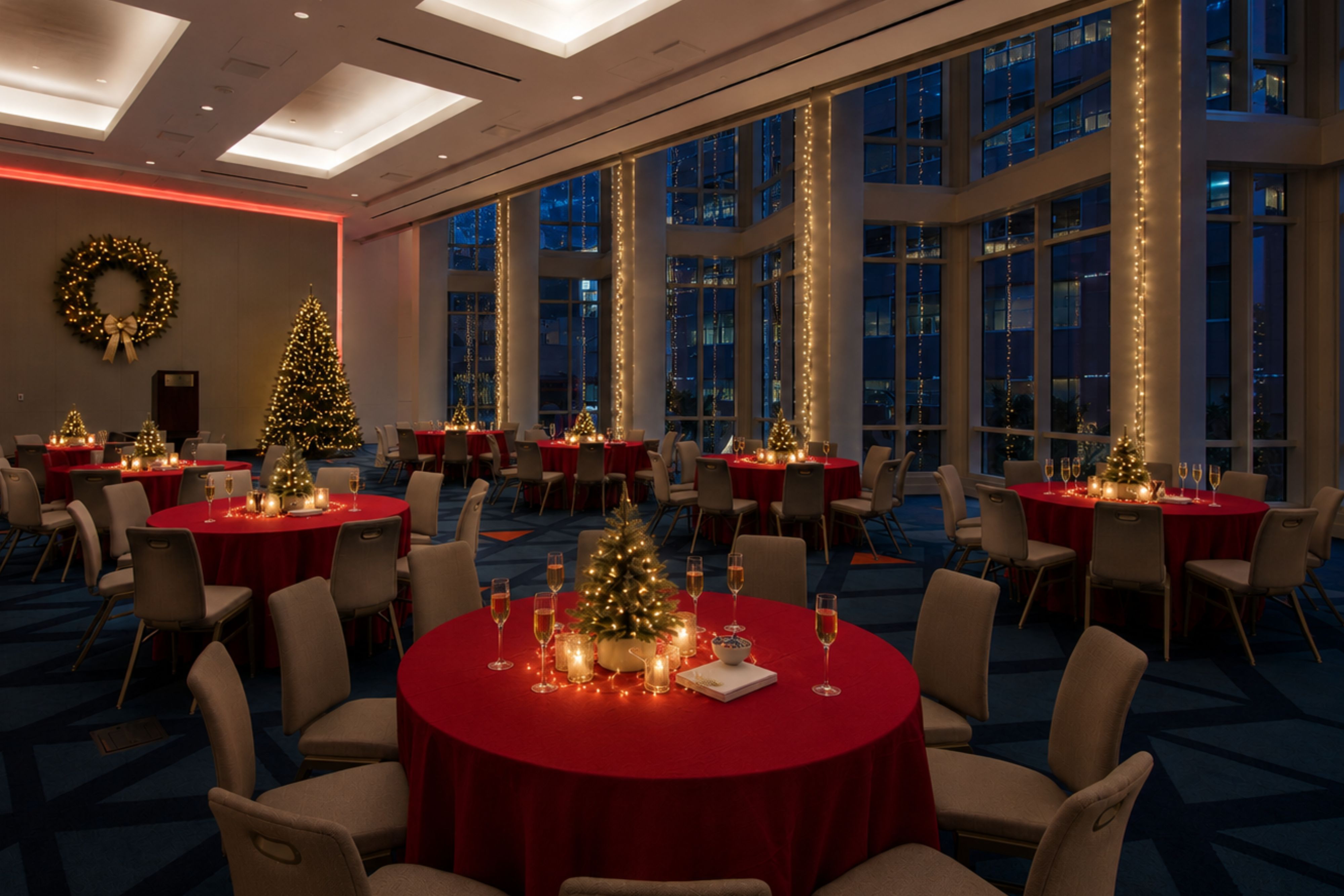 InterContinental San Francisco ballroom decorated with Christmas trees, candles and lights.