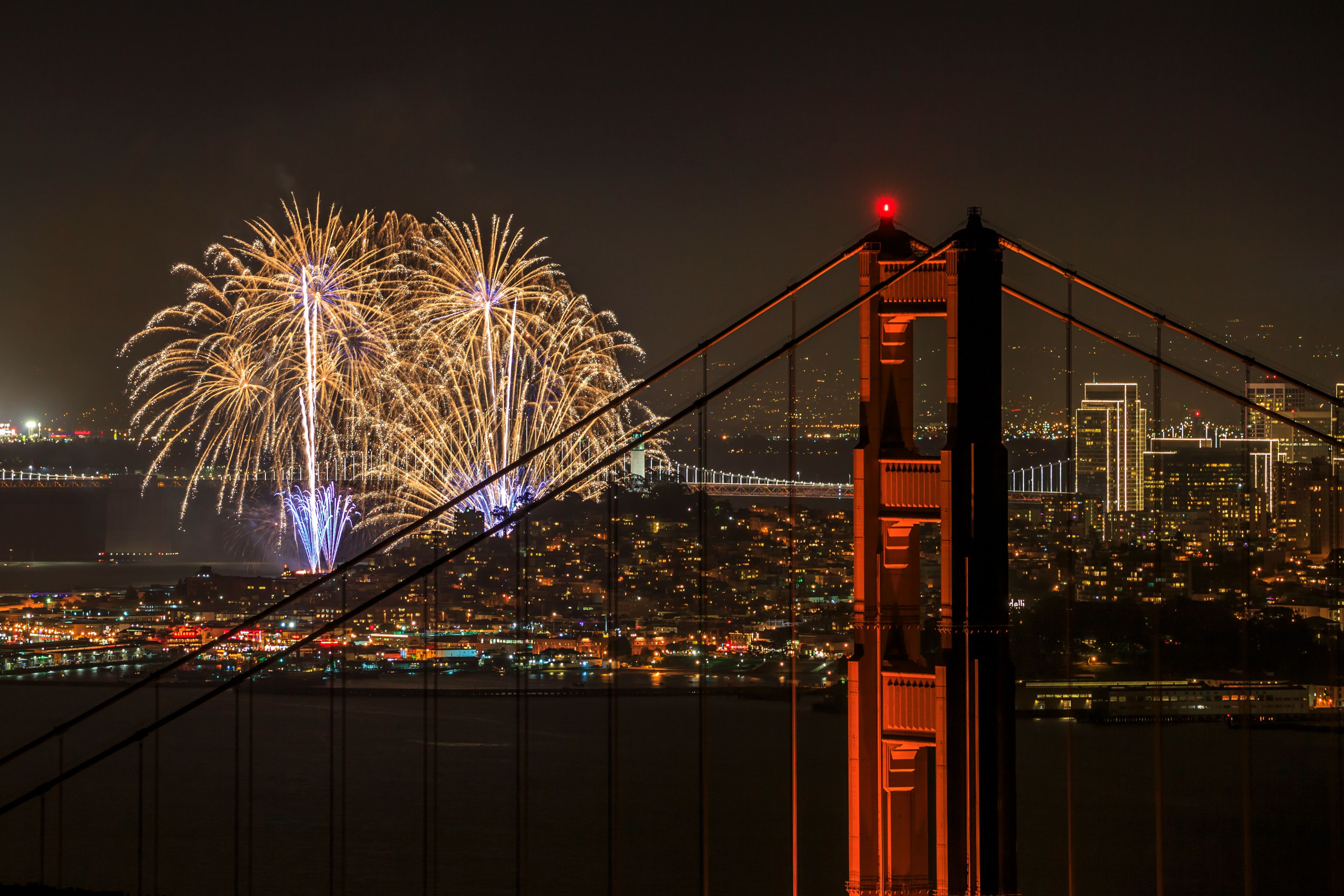 Fireworks over the Golden Gate Bridge.