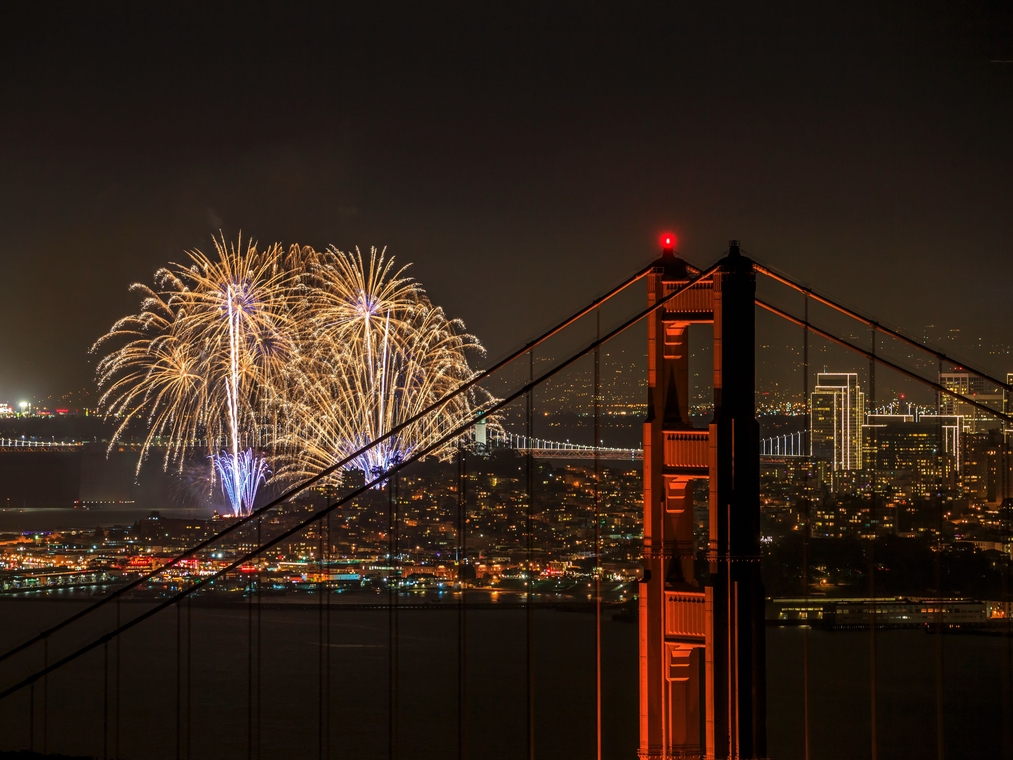 Fireworks over the Golden Gate Bridge.