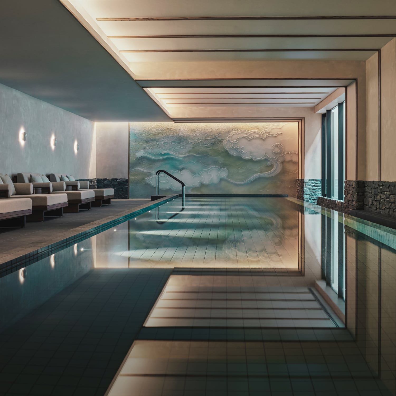 Six Senses Kyoto indoor pool with serene mural