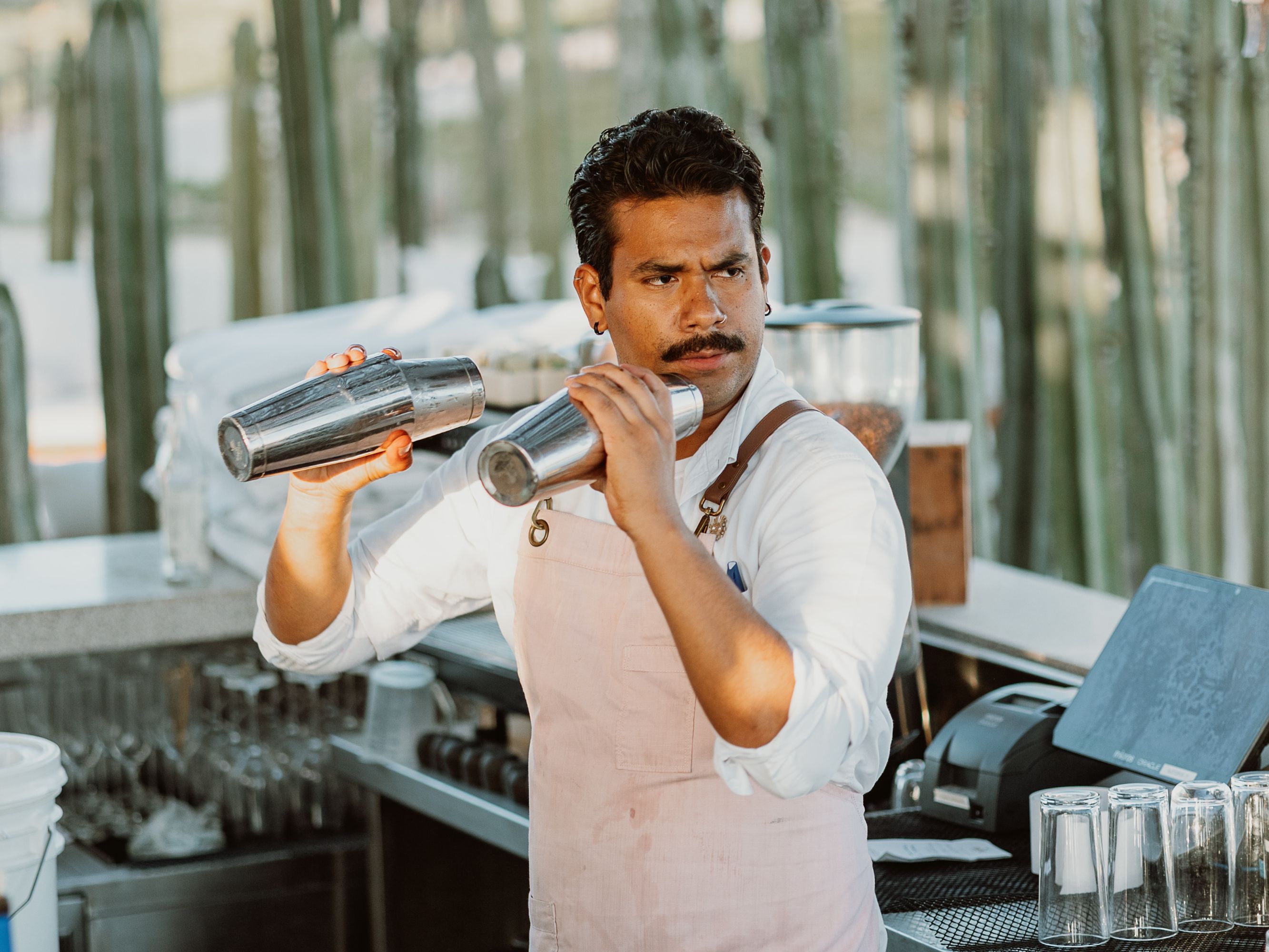 Bartender mixing drinks in a shaker.
