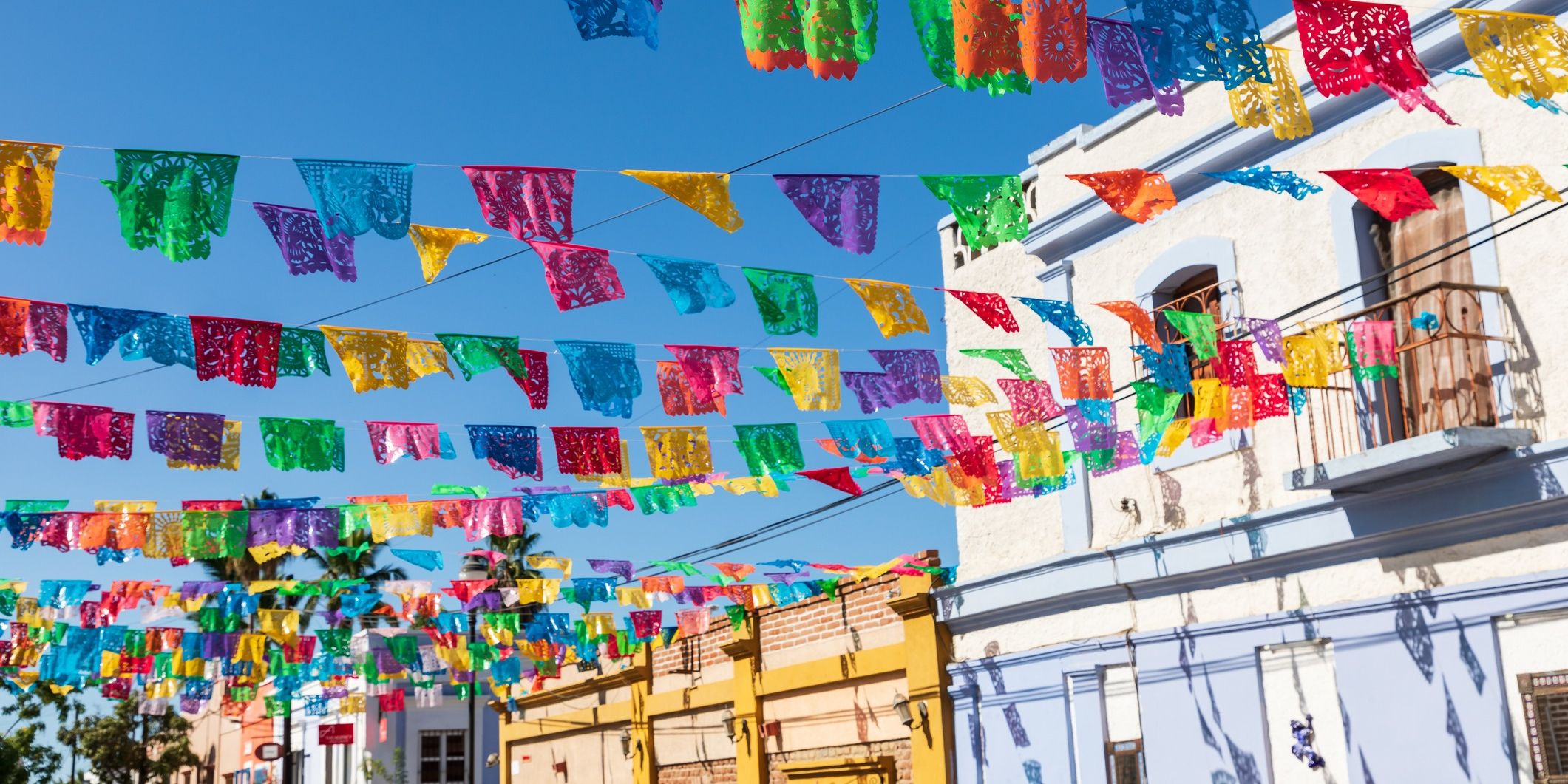 Todos Santos buildings and flags.