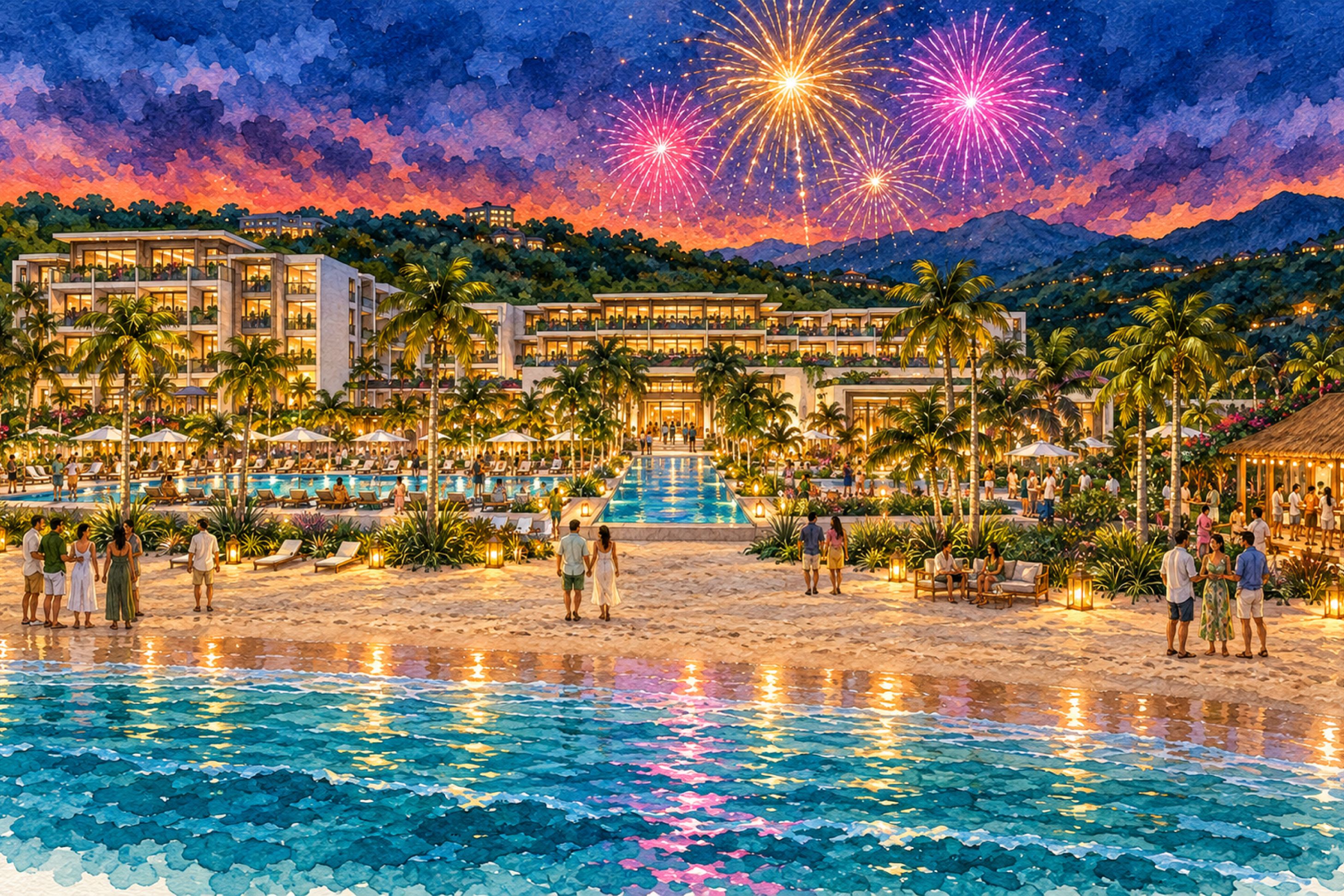 Beachfront resort at dusk with guests along the shore and pool, palm trees, and fireworks illuminating the evening sky.