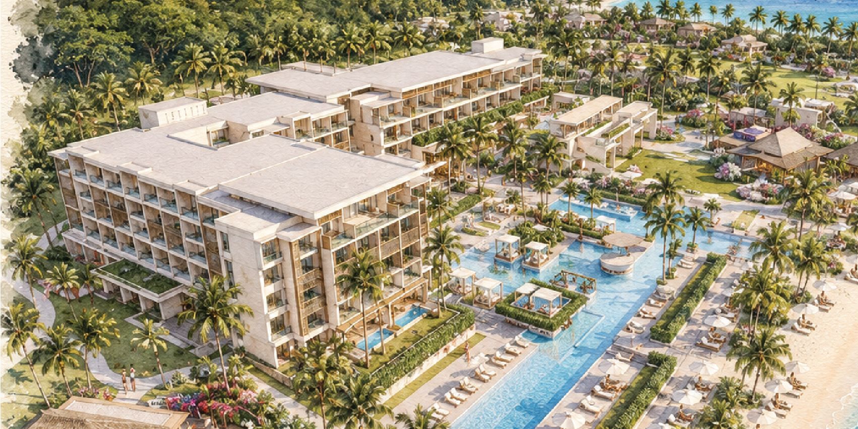 Illustrated aerial view of a beachfront resort with palm-lined pools, guest accommodations, tropical gardens, and a sandy shoreline beside turquoise waters.
