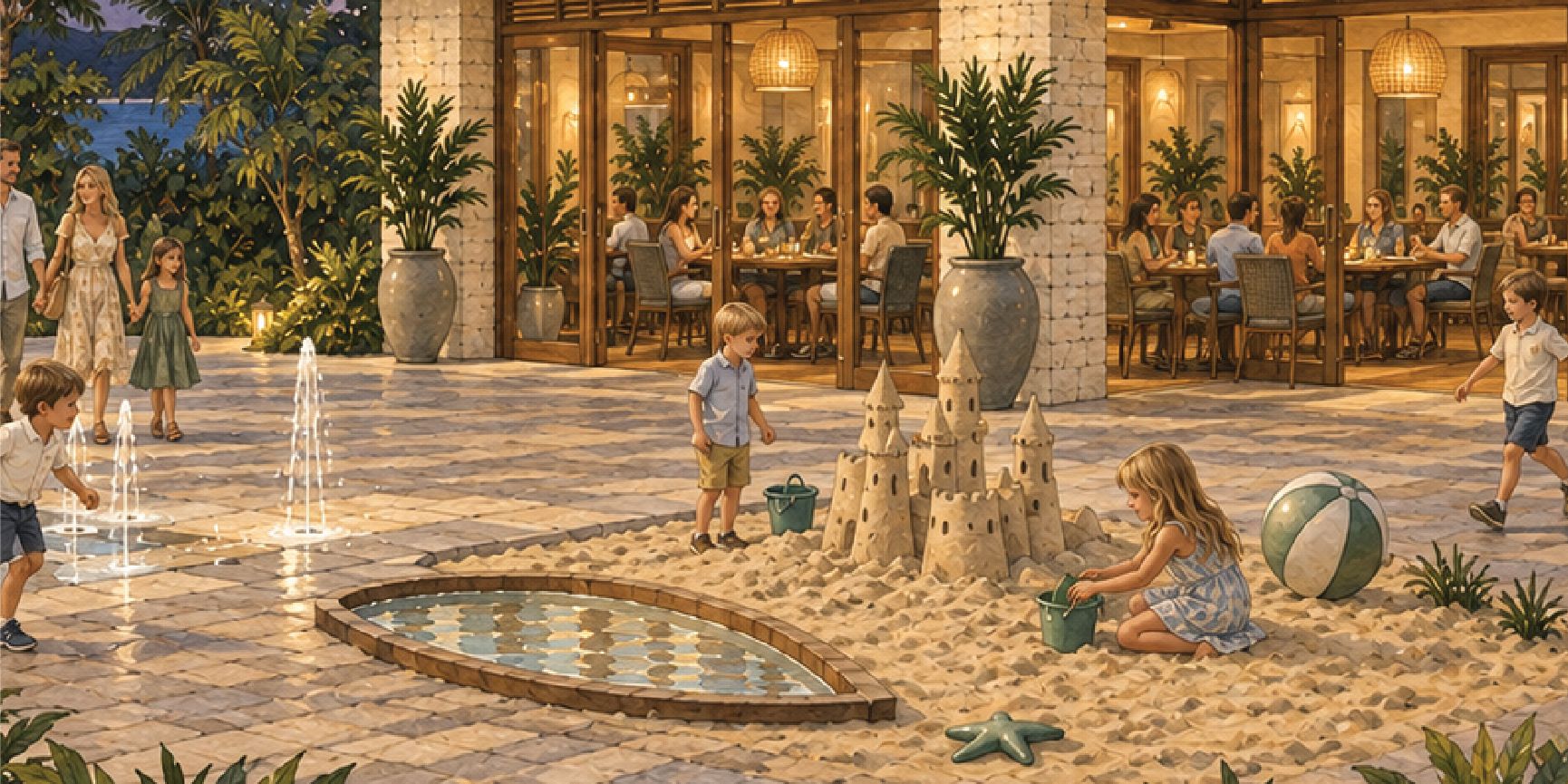 Open-air restaurant terrace at dusk with guests dining indoors while children play in a sandy activity area with a sandcastle and water features.