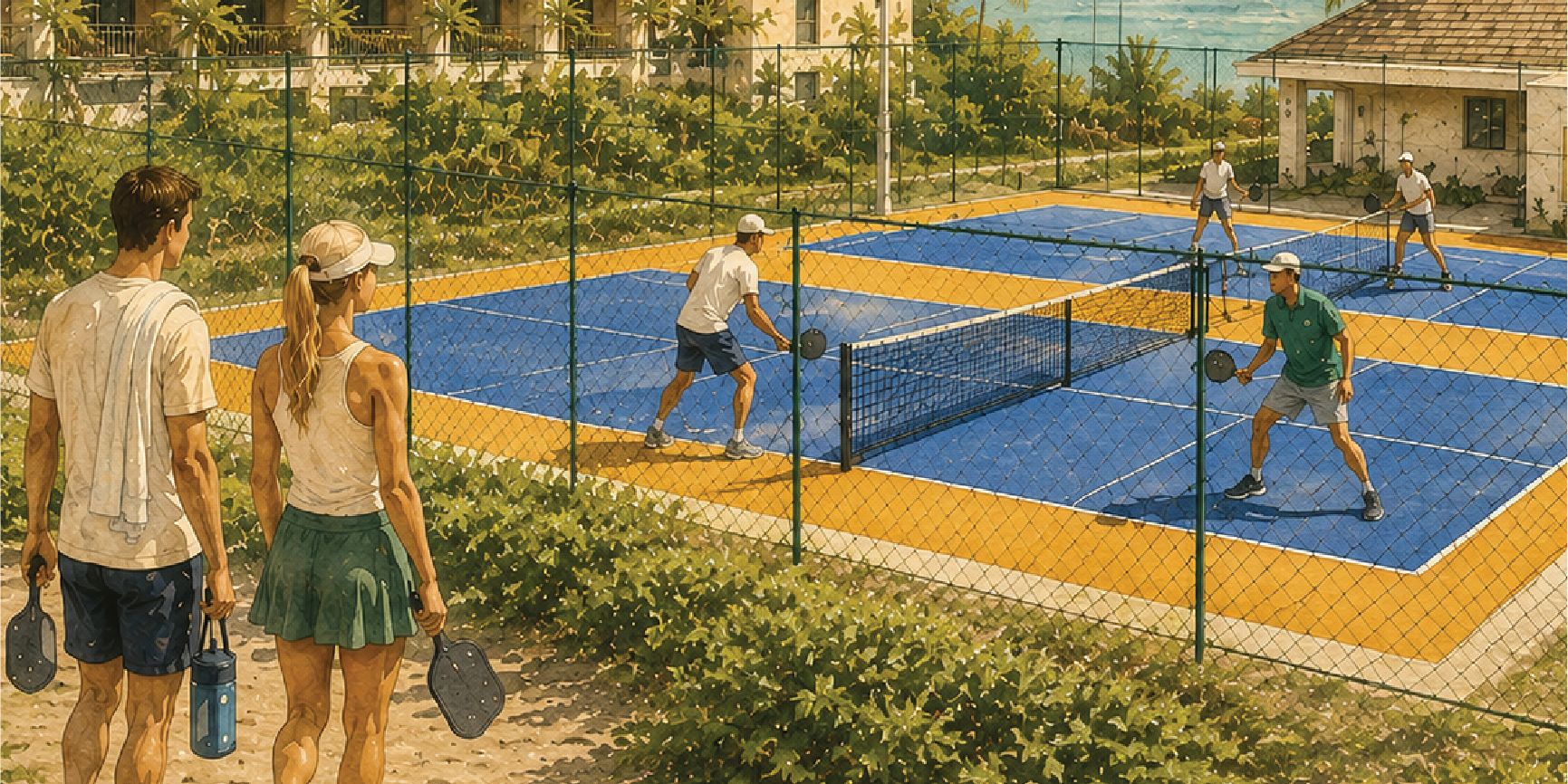 Guests playing on outdoor pickleball courts surrounded by tropical landscaping, with resort buildings and ocean views in the background.