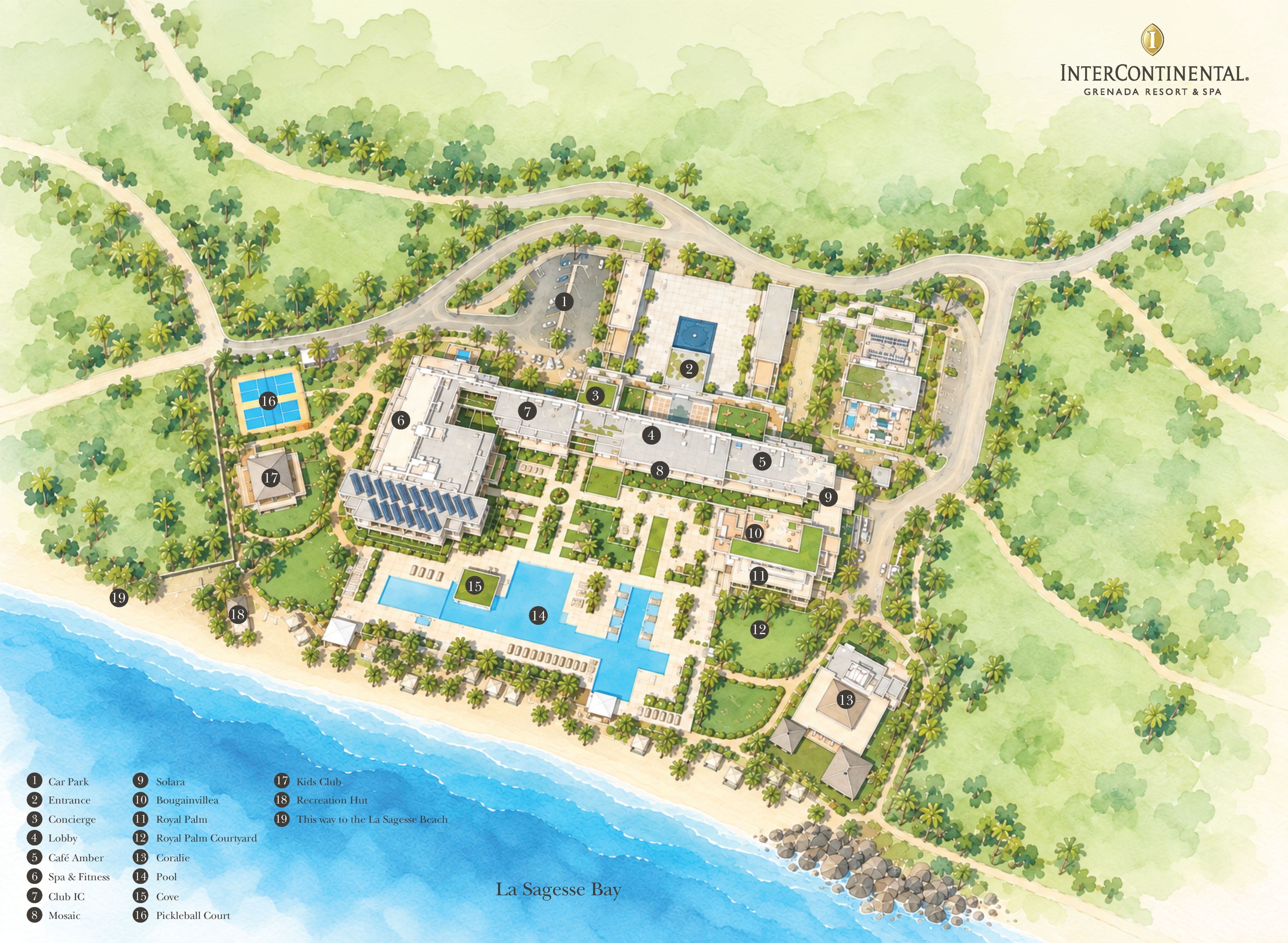 Property map of InterContinental Grenada Resort & Spa showing guest facilities, pools, beach access, dining venues, spa, and resort pathways along La Sagesse Bay.