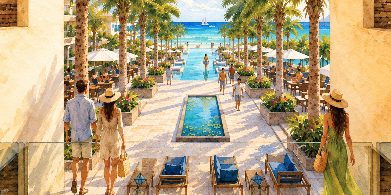 View from a resort pavilion overlooking a palm-lined walkway, reflecting pool, outdoor seating areas, and a beach with turquoise water beyond.