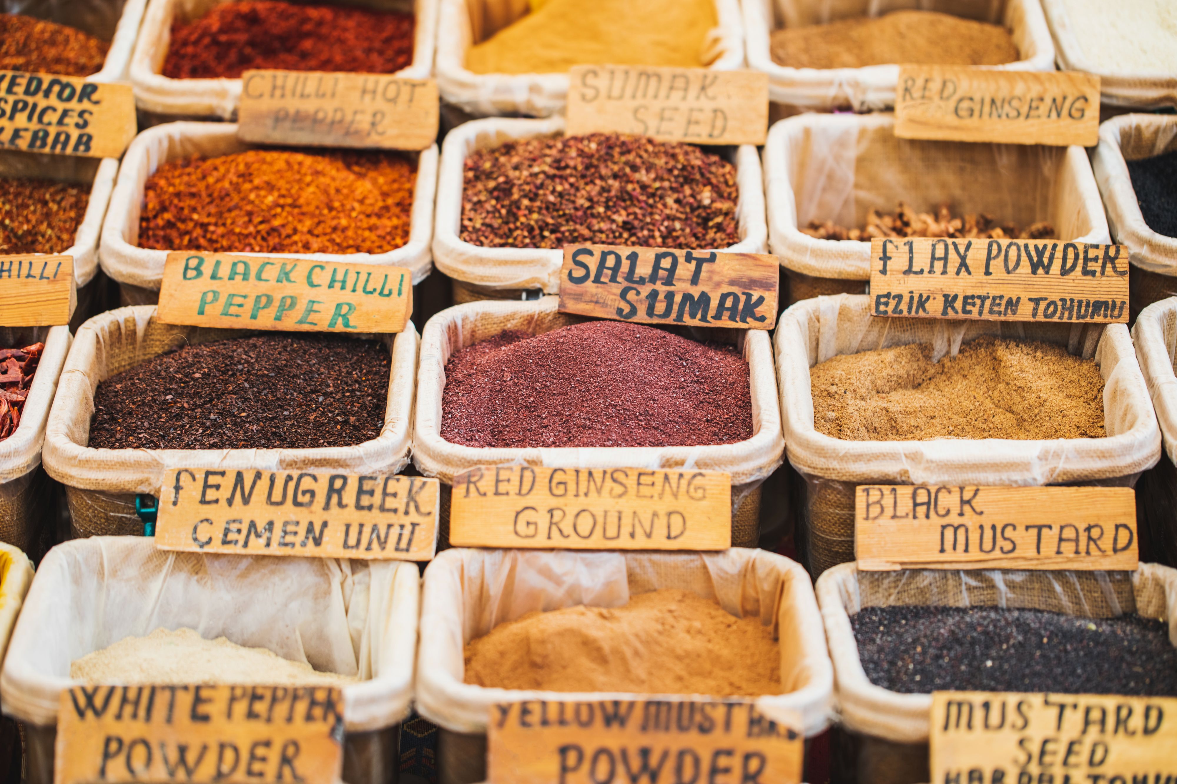 various spices at a spice market