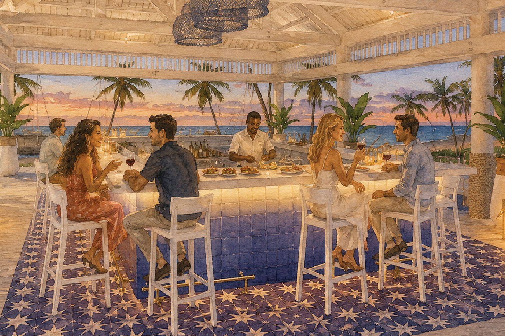 Guests seated around an open-air oceanfront bar at sunset, enjoying drinks and small plates beneath a pavilion overlooking the water.