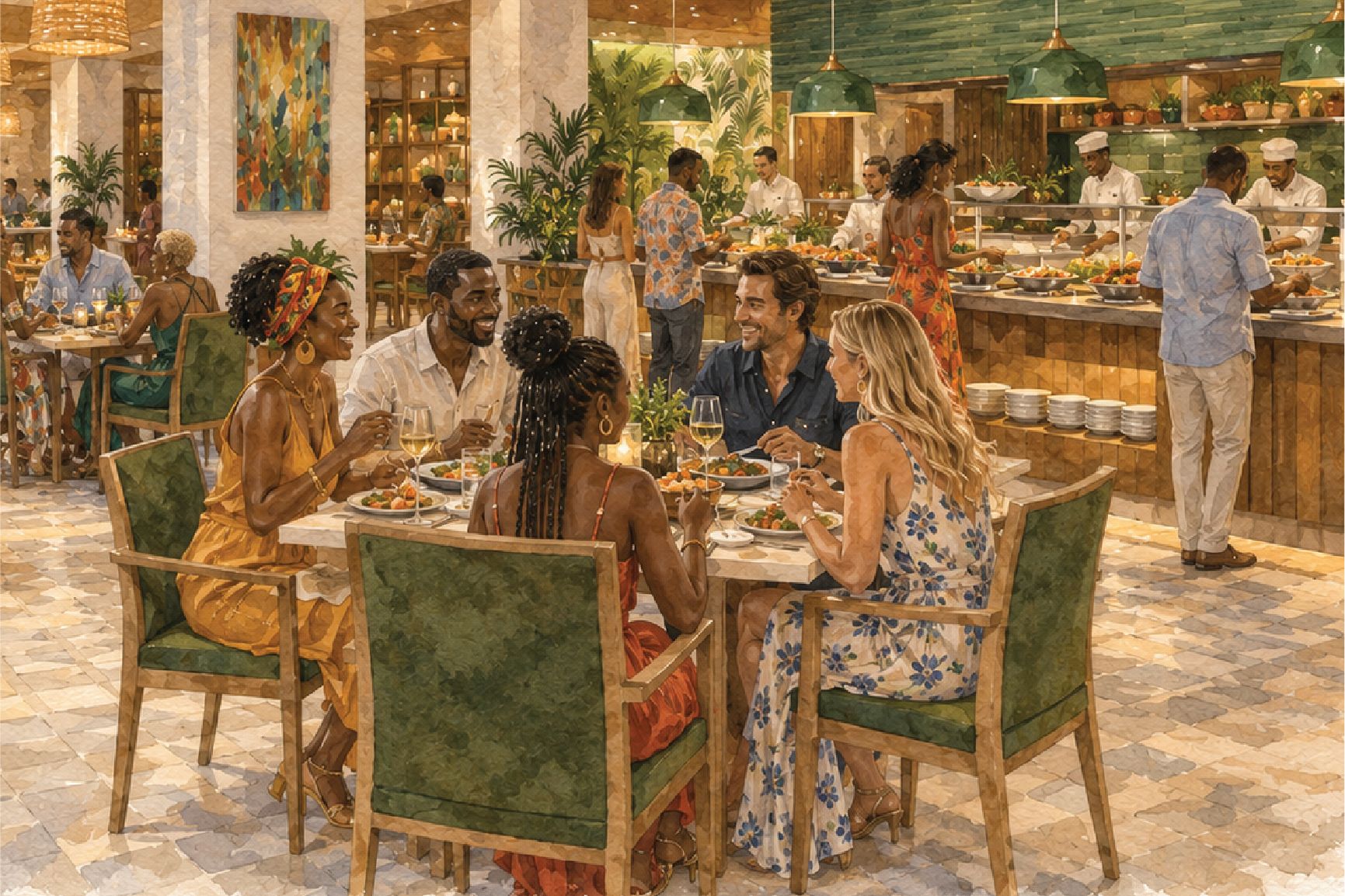 Guests dining in a restaurant with buffet stations, open culinary displays, and contemporary tropical-inspired interiors.