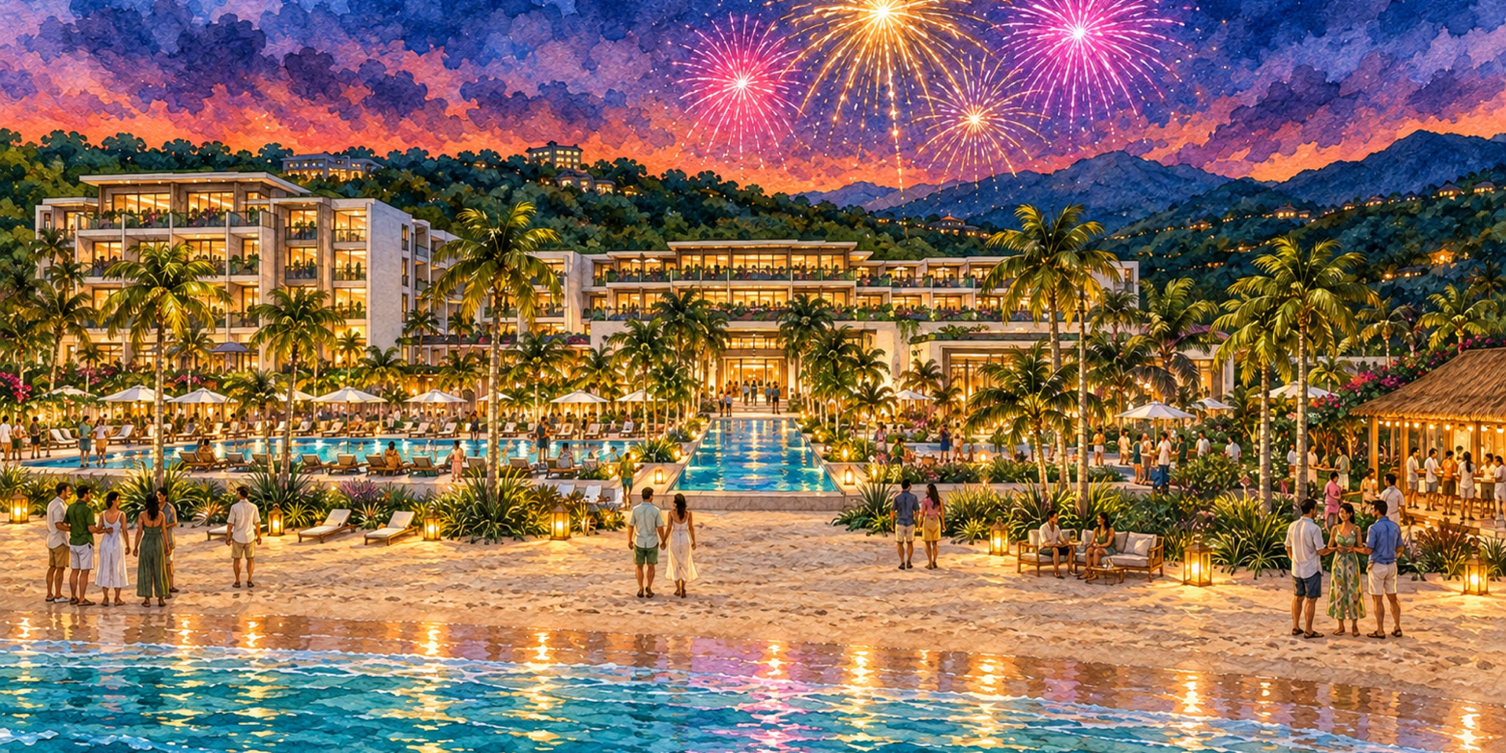 Beachfront resort at dusk with guests along the shore and pool, palm trees, and fireworks illuminating the evening sky.