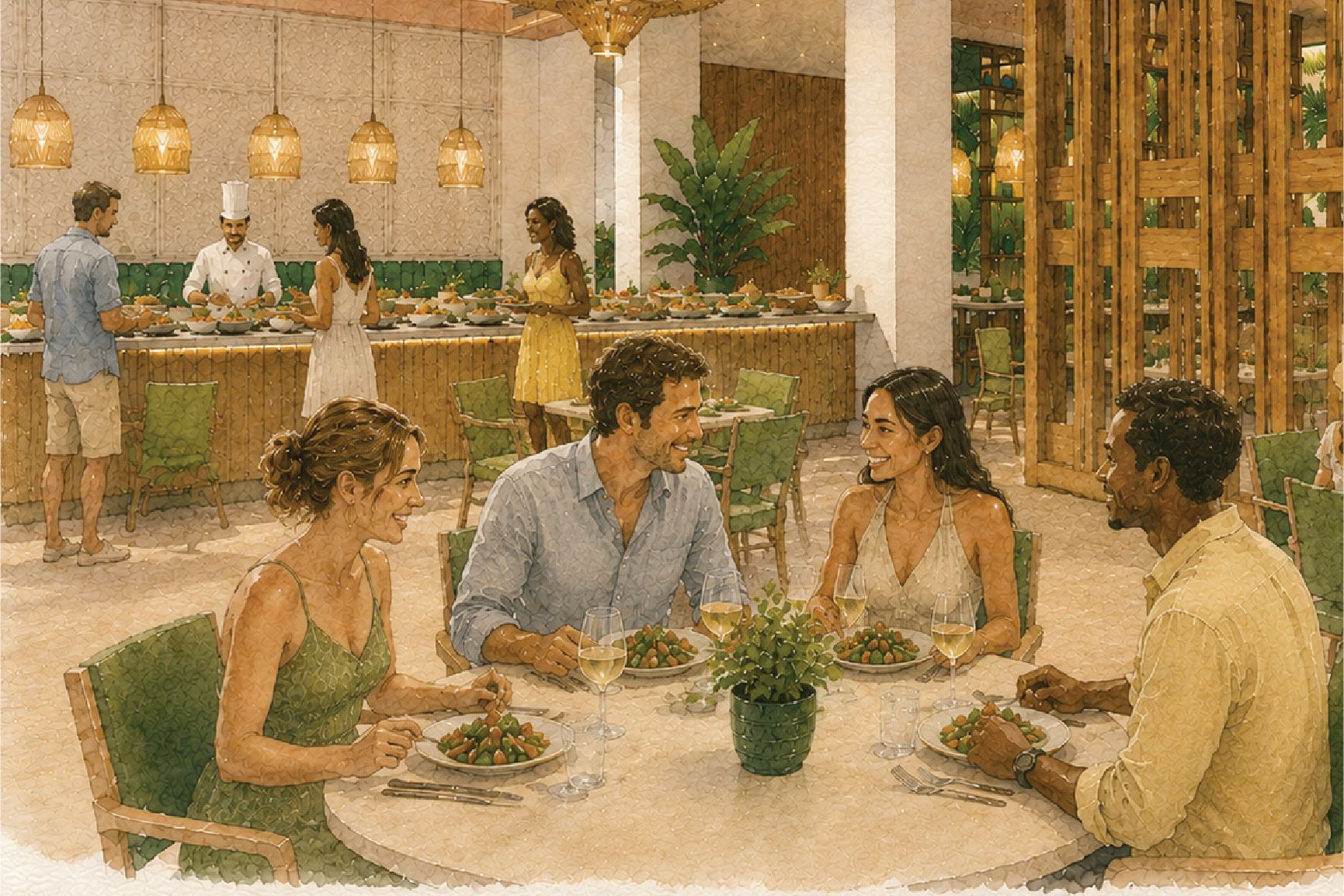 Guests enjoying a buffet dinner in a tropical-inspired restaurant with serving stations, warm lighting, and indoor dining tables.