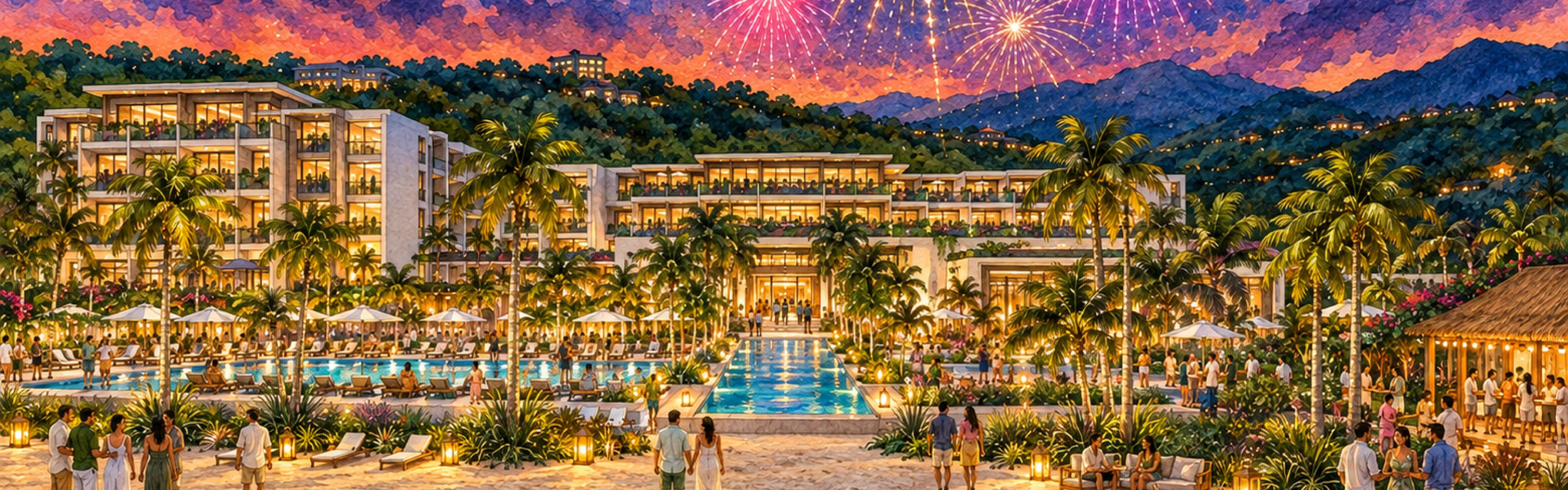 Beachfront resort at dusk with guests along the shore and pool, palm trees, and fireworks illuminating the evening sky.