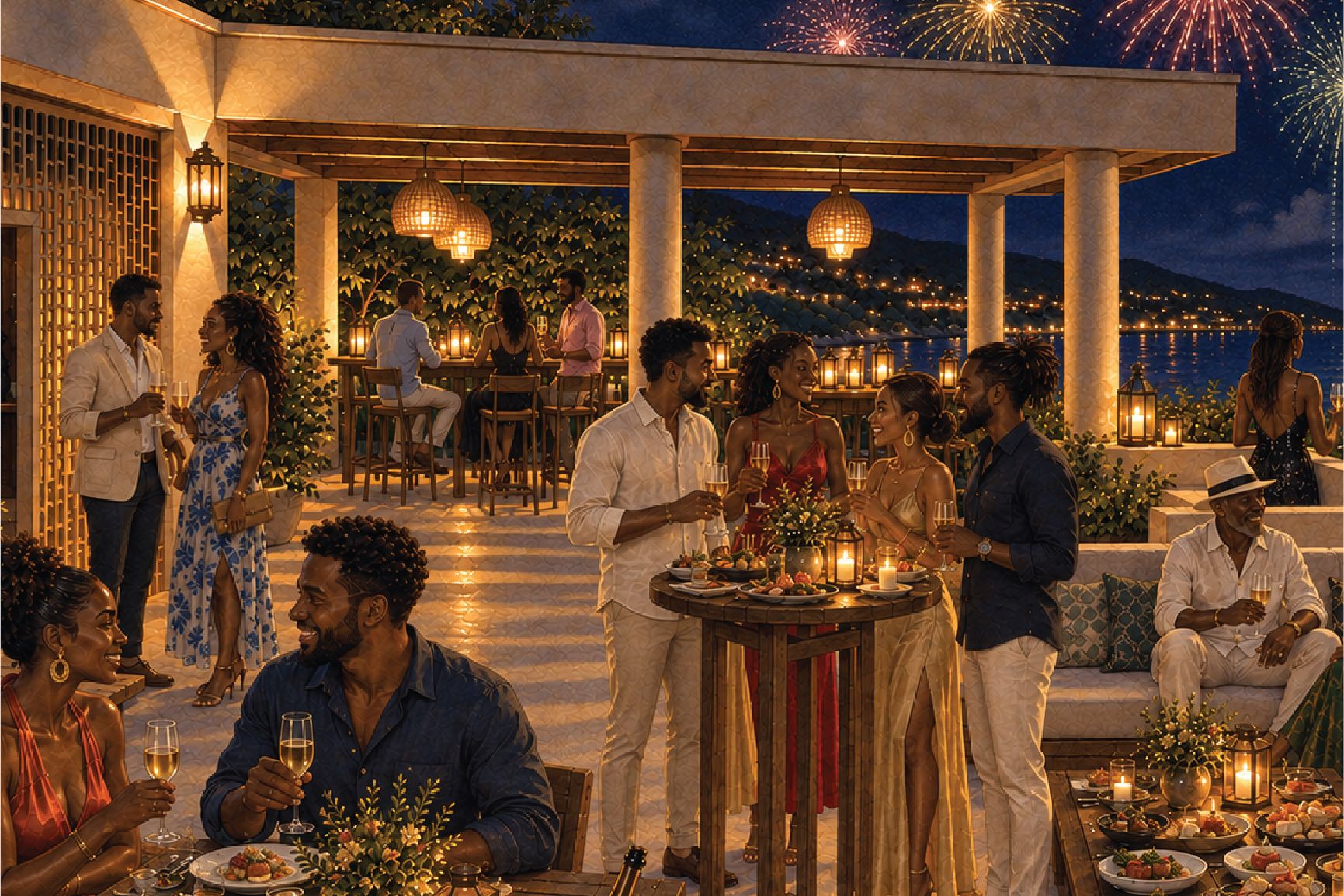 Guests enjoying an outdoor evening gathering on a candlelit terrace with dining tables, drinks, and fireworks illuminating the night sky.