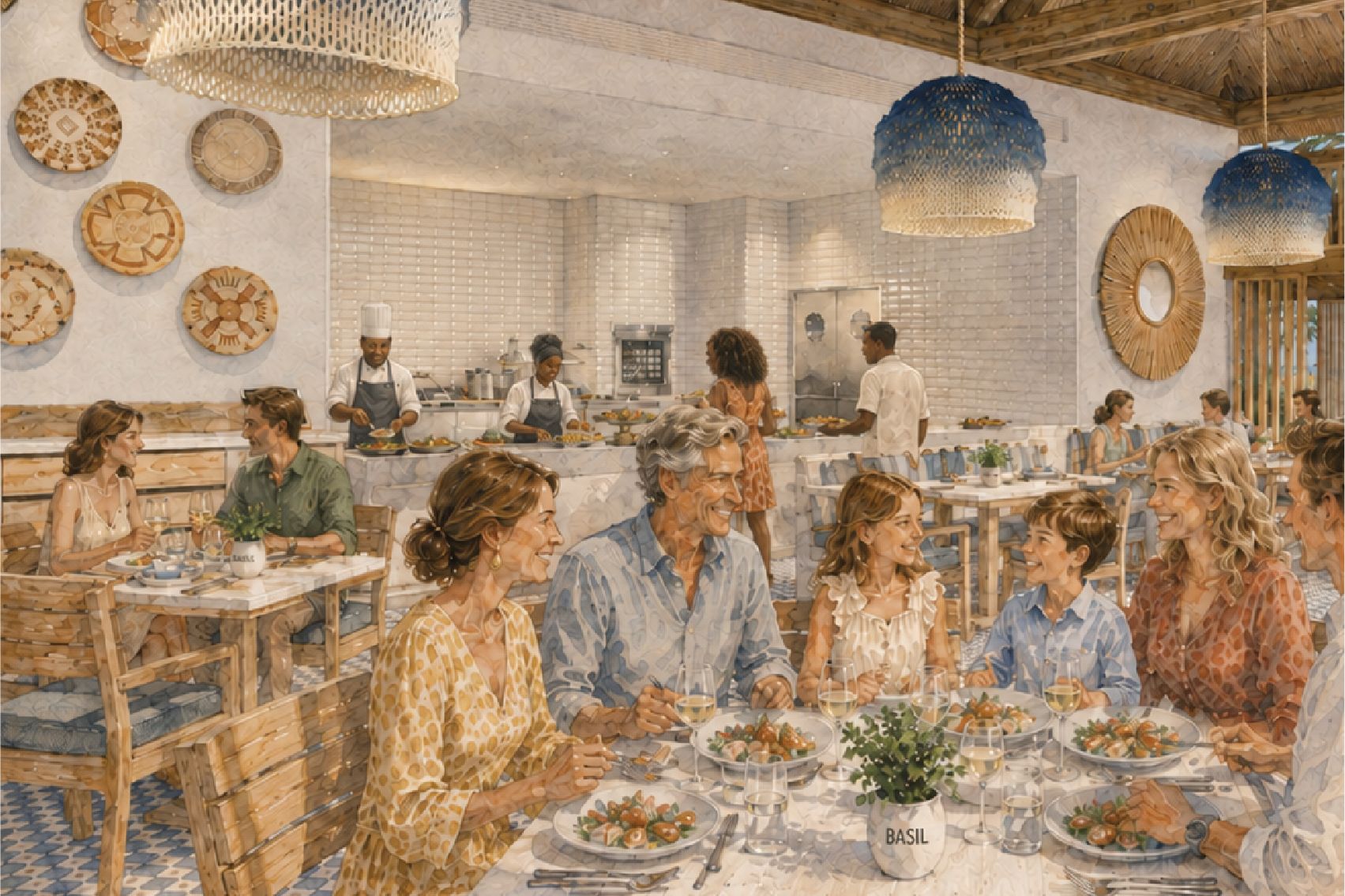 Guests dining in a bright restaurant with an open kitchen, while chefs prepare dishes at a buffet station beneath woven pendant lights.