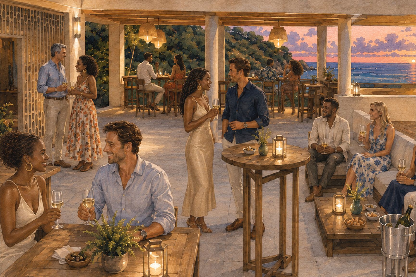Guests gathering on an open-air oceanfront terrace at sunset, enjoying drinks and conversation around candlelit tables.