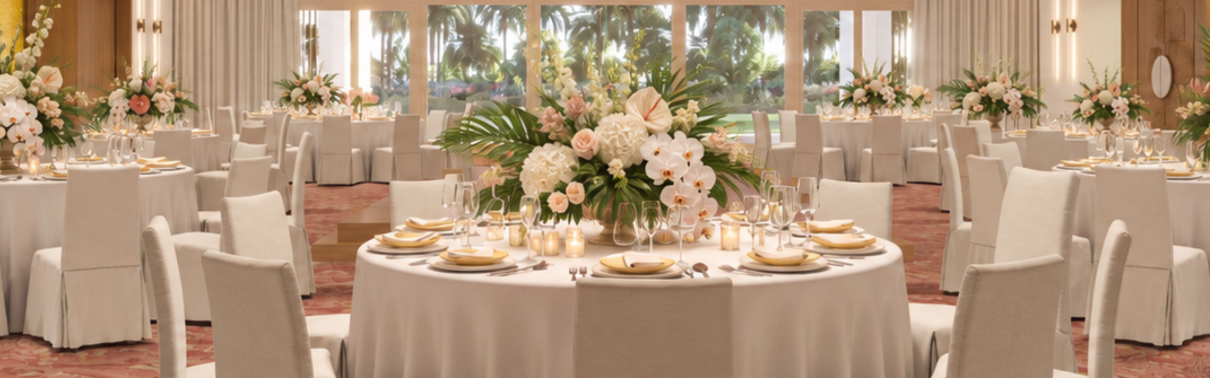 Ballroom set up for a wedding with round tables and floral decor.