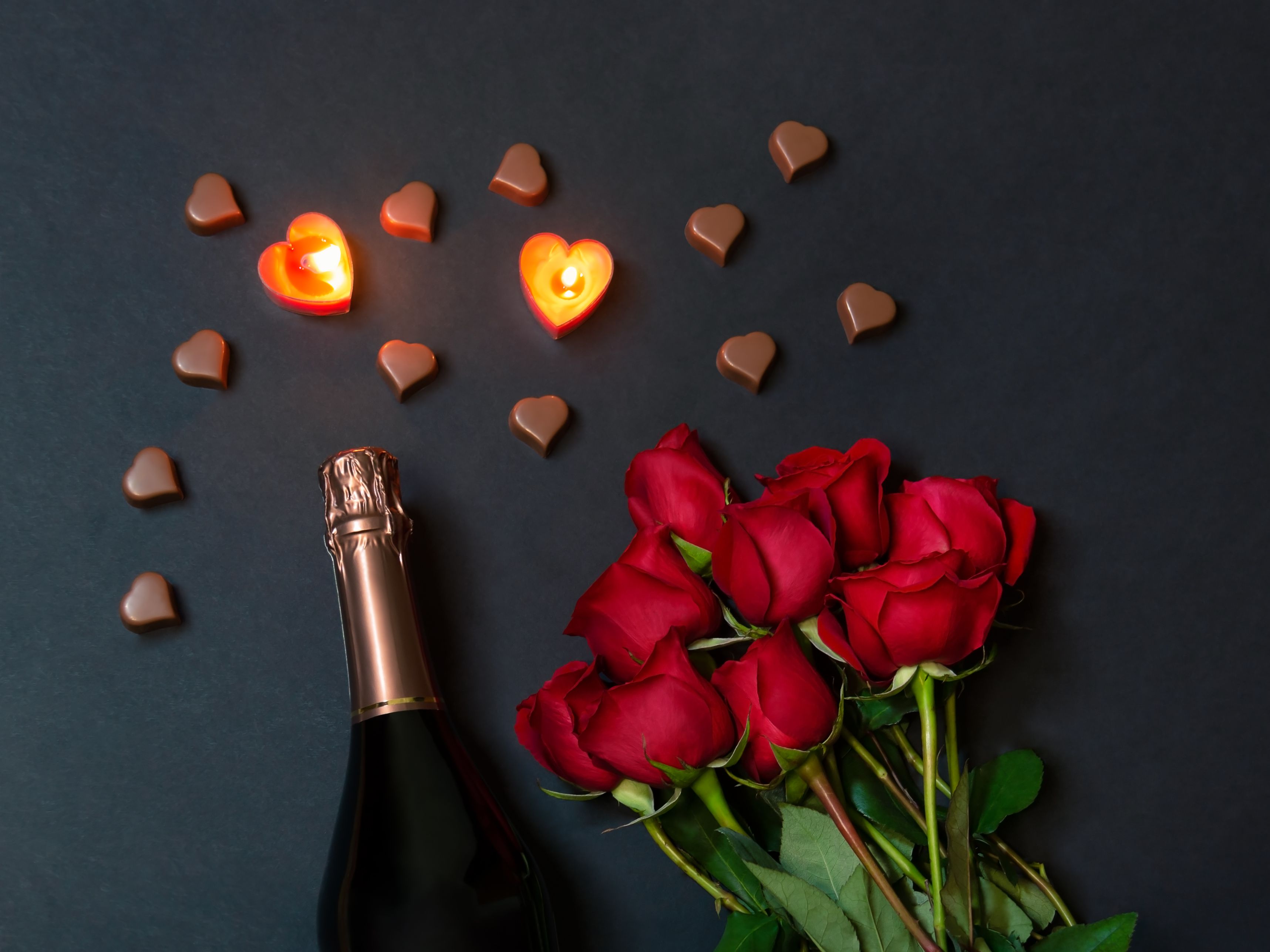champage, flowers and chocolates