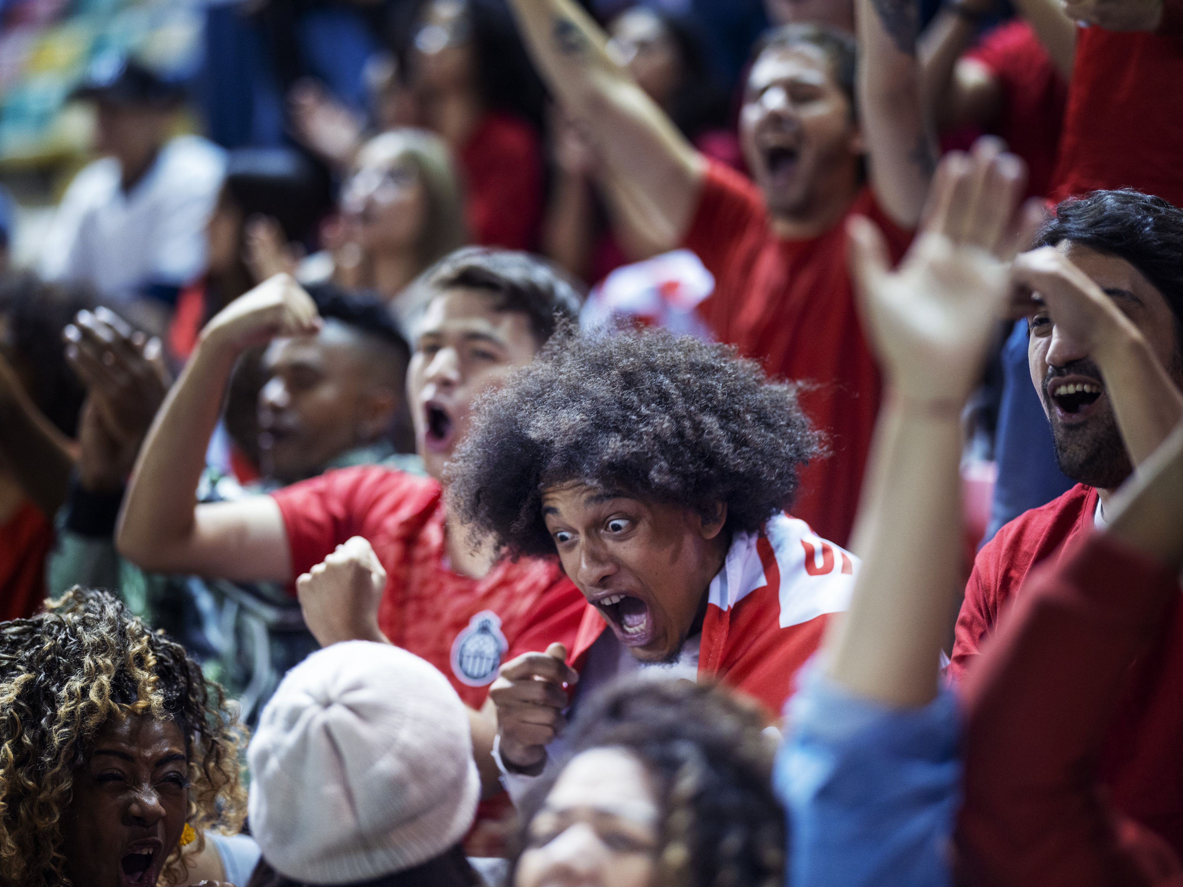 Man sitting in a sports game crowed smiling with excited fans behind him