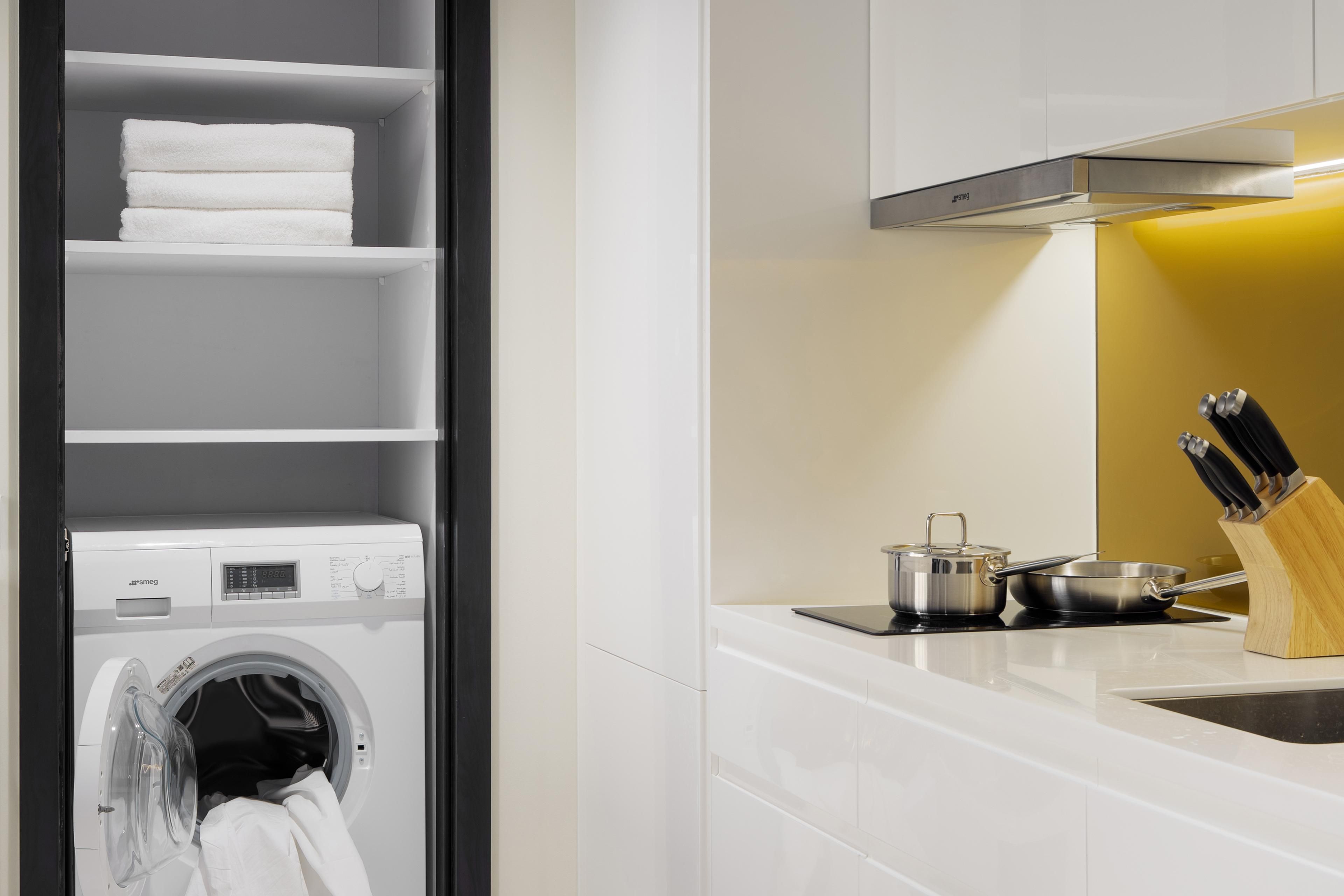 Thoughtfully designed for extended stays, the studios, one- and two-bedroom suites are equipped with a full kitchen including a fridge, washing machine, microwave and stovetop.