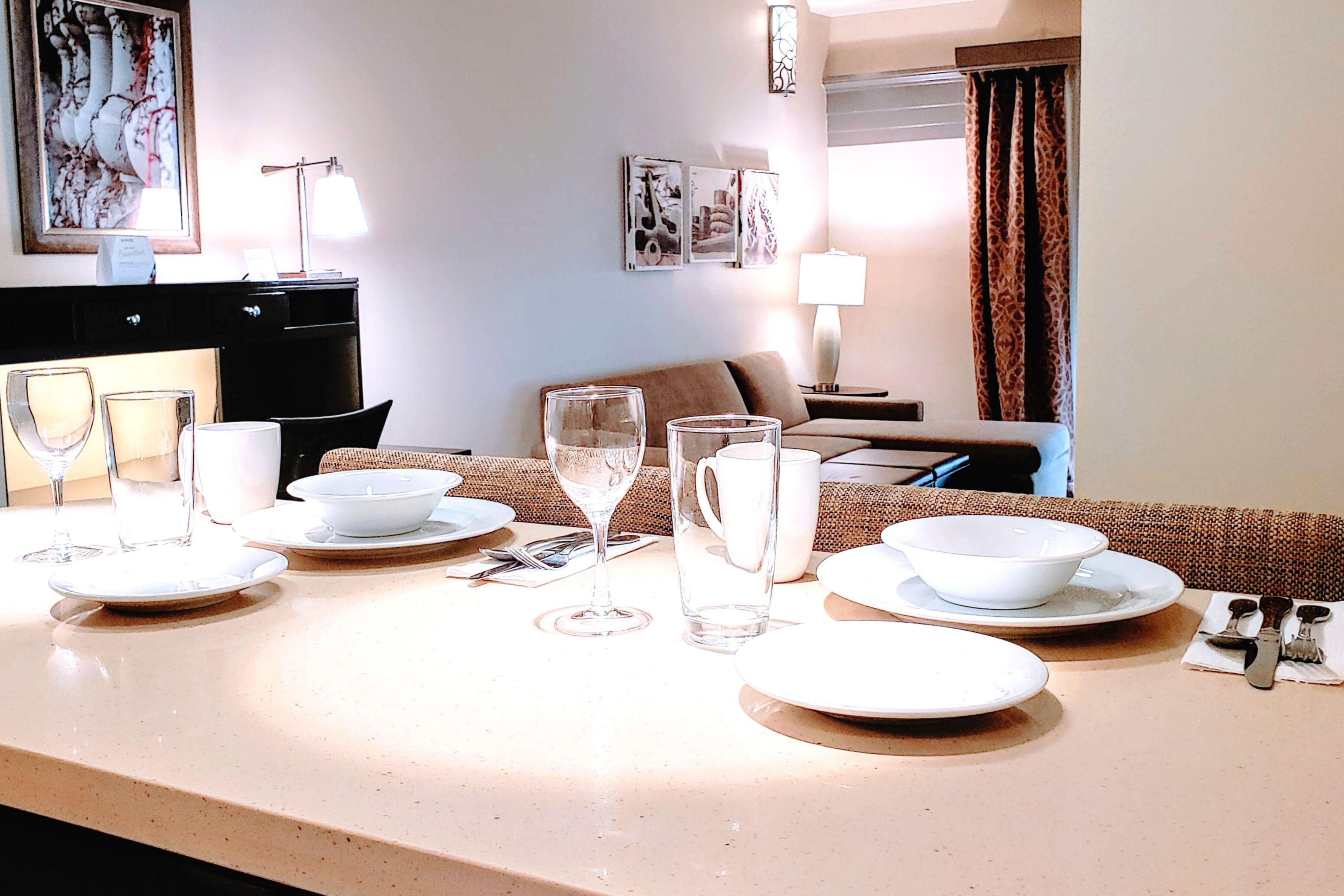 As an all-suite property, all our rooms include a full kitchen equipped with full-sized refrigerator, stove top, microwave, dishwasher, coffee maker, toaster, dining essentials including pots, pans, cooking utensils, plates, silverware, and more!  We help make travel easier to simply pick up and go while working remote or on business trips.