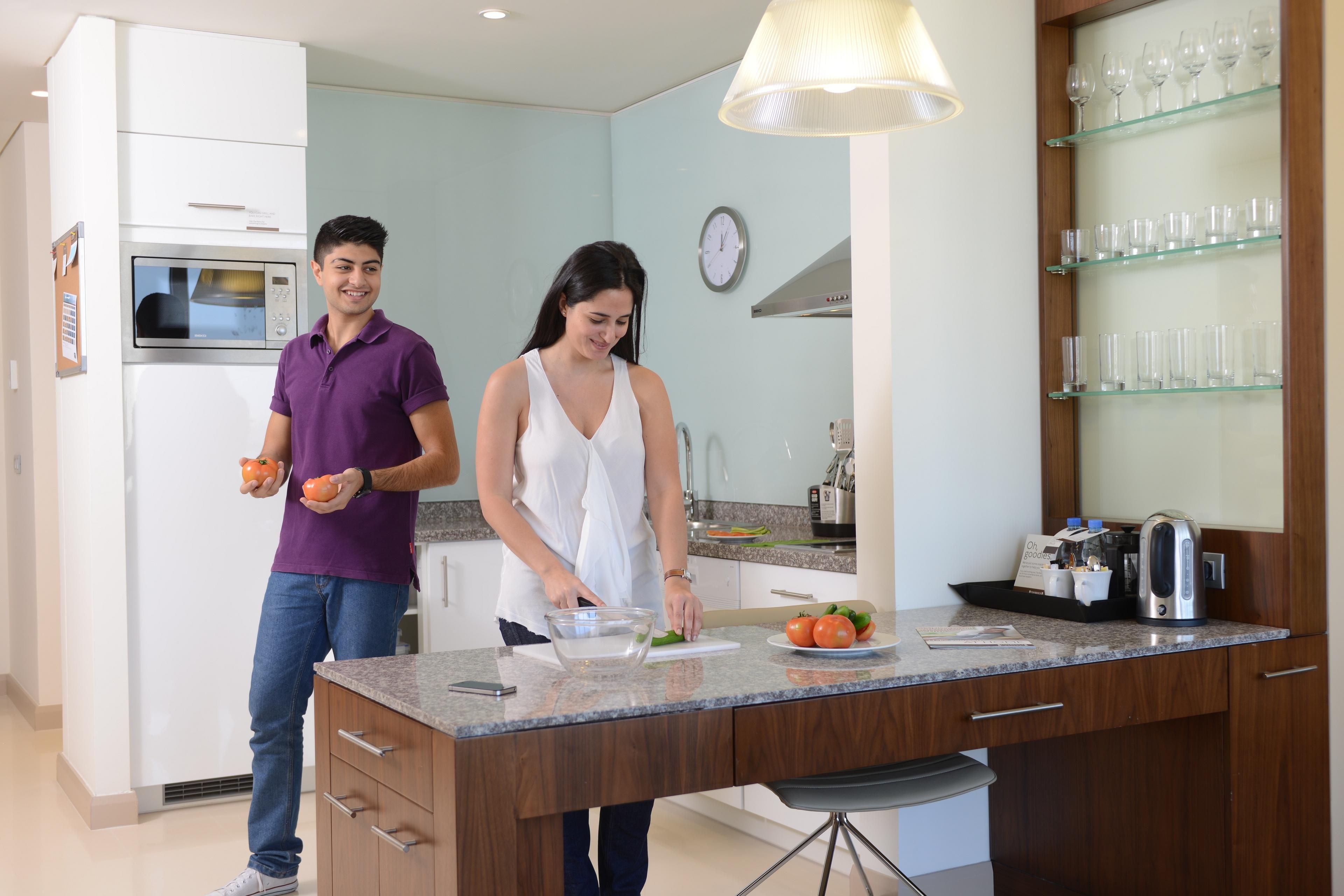 Our suites are furnished with a fully equipped kitchen, taking care of all your needs. Feel at home as each suite is complete with a dishwasher, countertop cooking hob, microwave, fridge, water kettle, and essential utensils. We ensure you will never miss the taste and feel of home cooking...