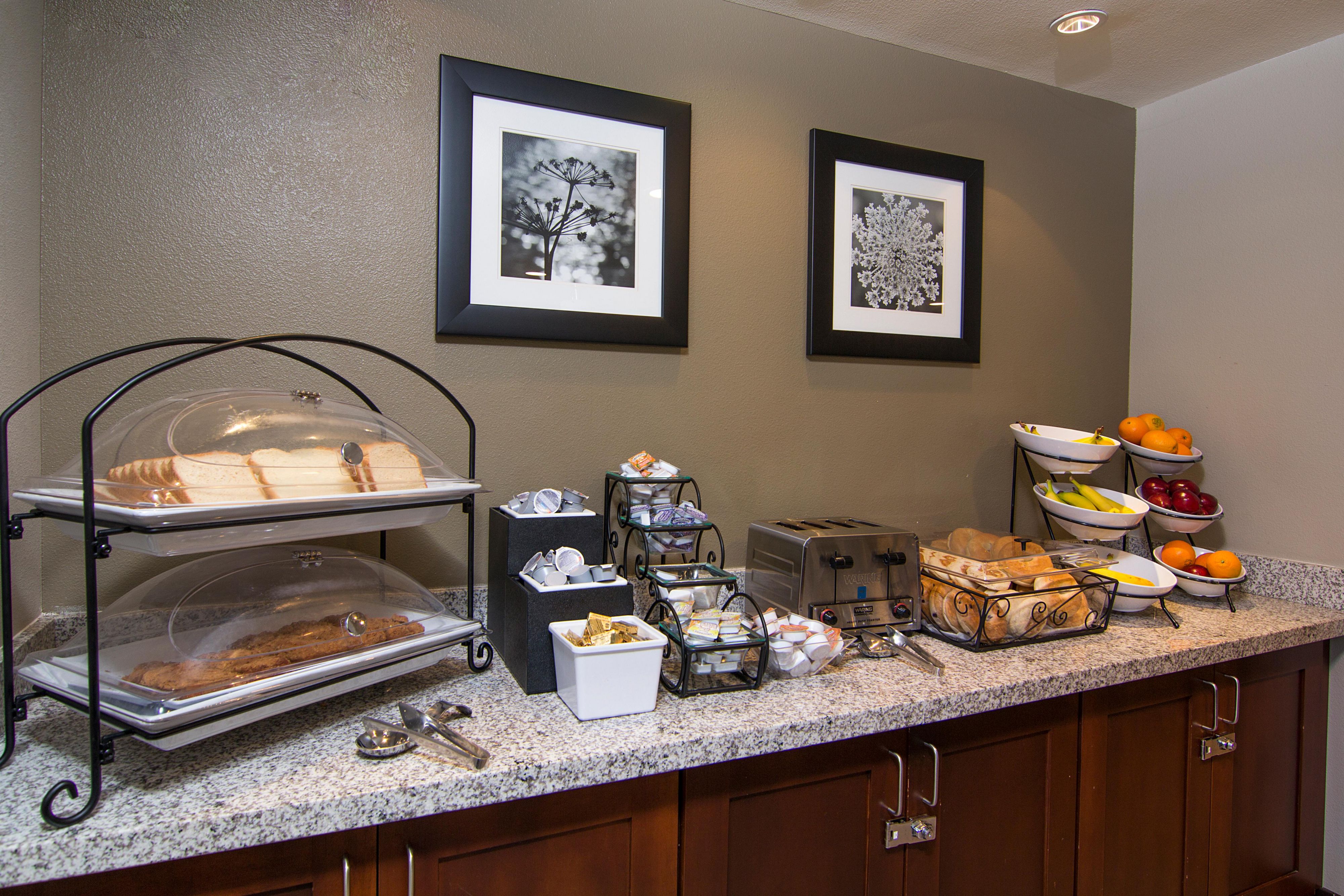 Start your day with a complimentary breakfast at Staybridge Suites Carlsbad San Diego, served Monday through Friday from 6:30 AM to 9:30 AM. Enjoy a convenient morning meal before heading to Carlsbad business centers, beaches, or San Diego area attractions, all included with your stay.