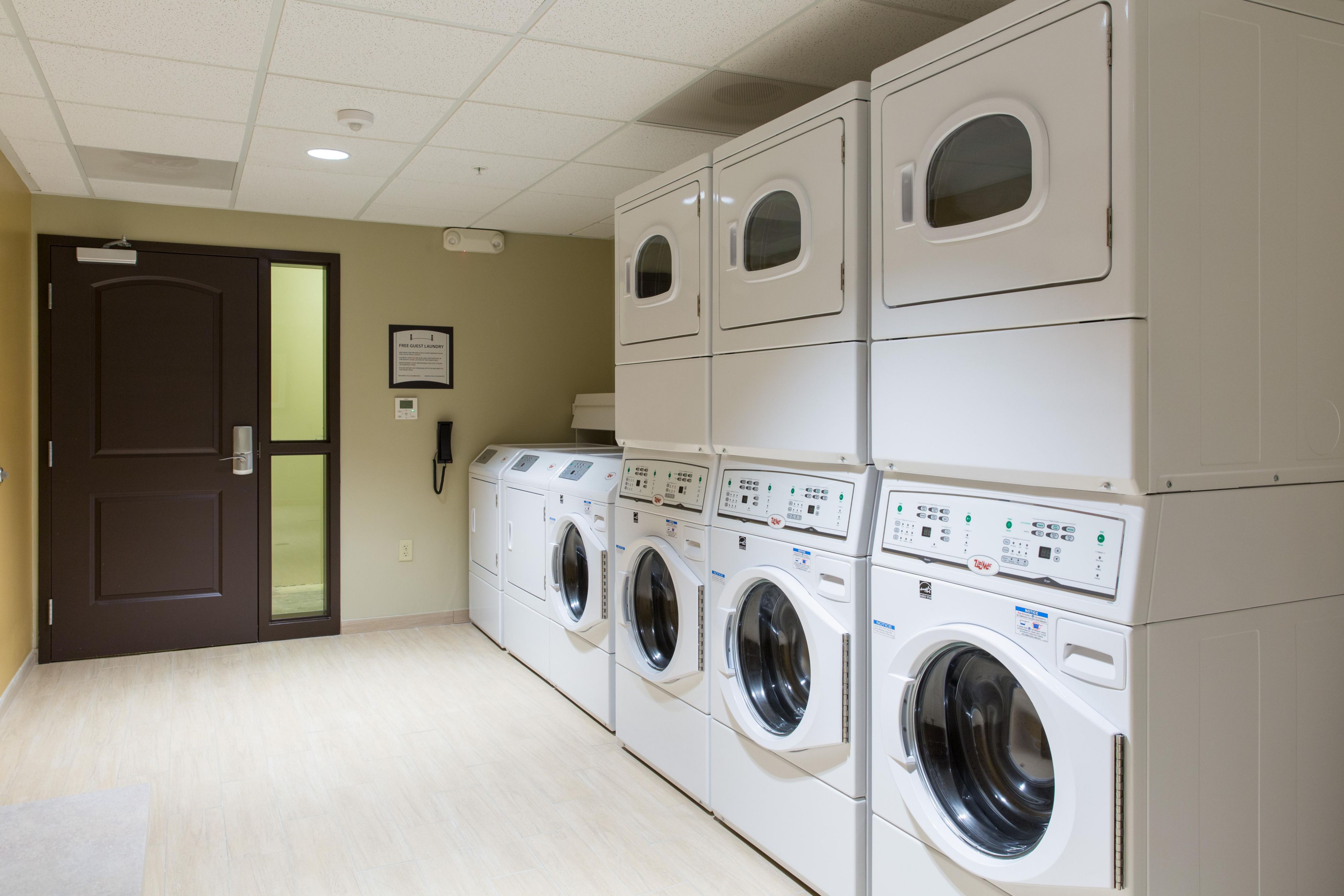 This special amenity you will not find anywhere else. We offer four washers and five dryers to our guests complimentary. Located right off the fitness center, you can work out while you wait, or just relax and watch TV. Happy laundry day!!