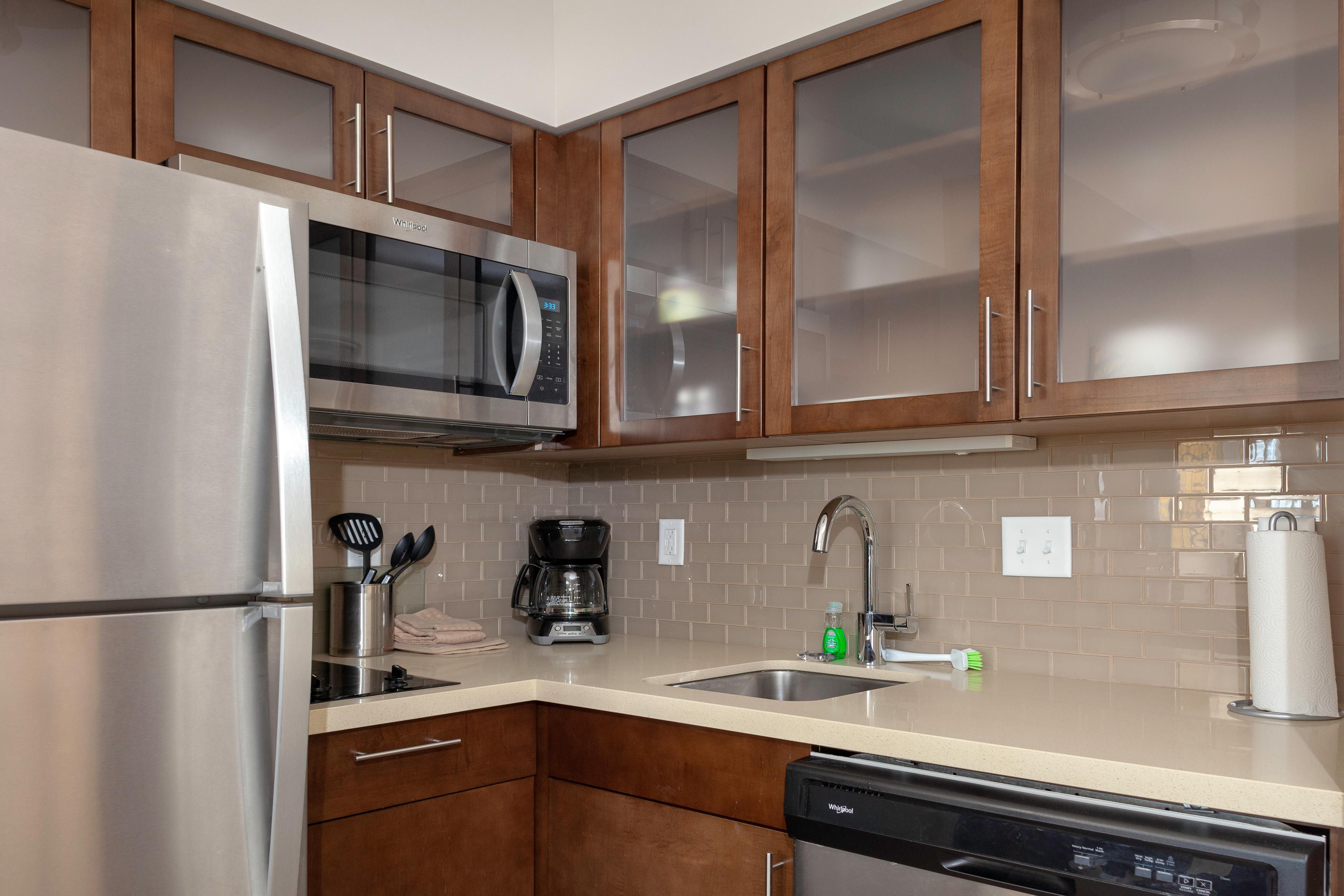 Each kitchen has table service for 4 and additional items to help make you feel right at home.   Contact the front desk to learn more and to reserve your suite.  
