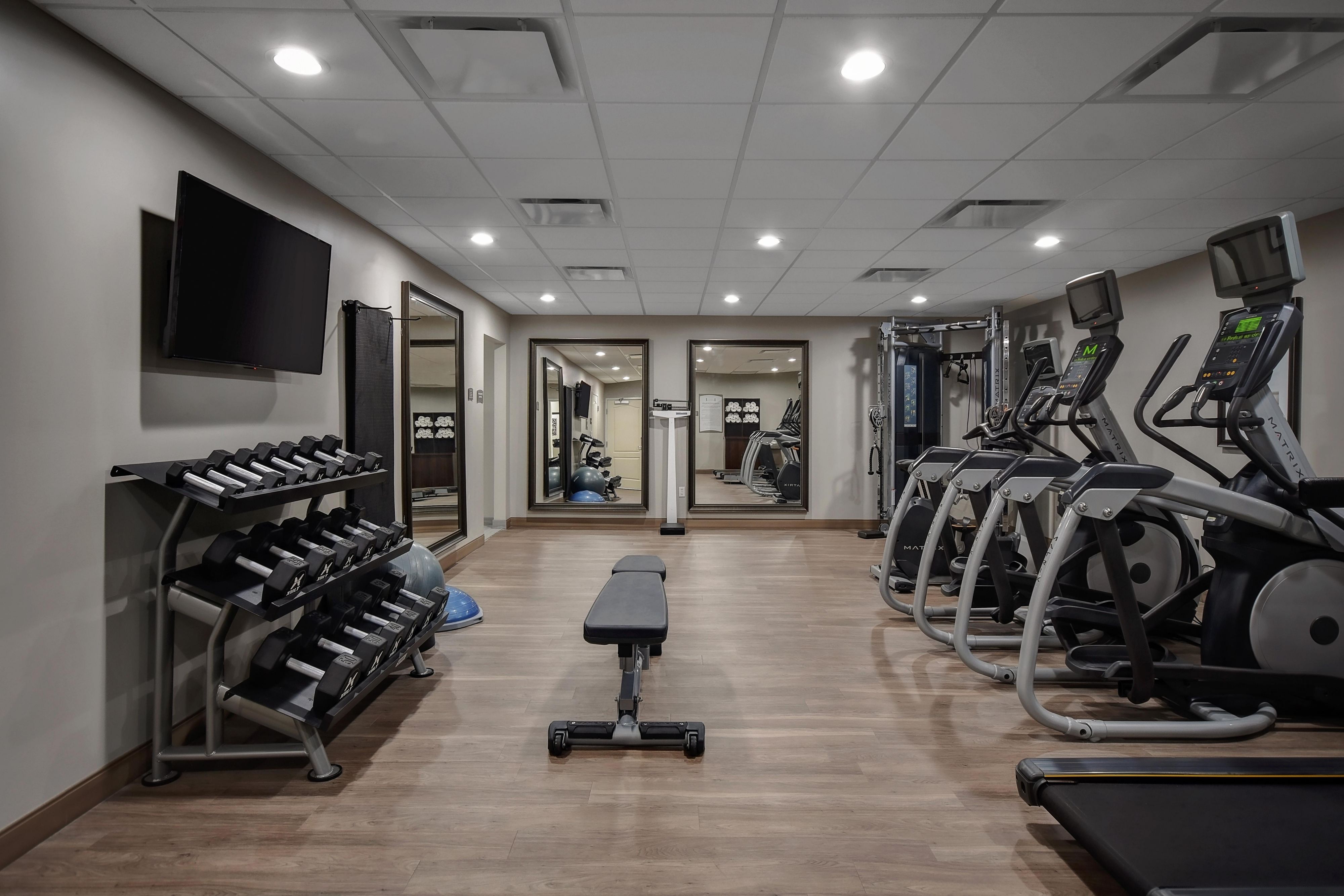 Our Fitness Center is open 6am - 10pm. Enjoy your workout on our treadmills, elliptical, stationary bike and free weights.