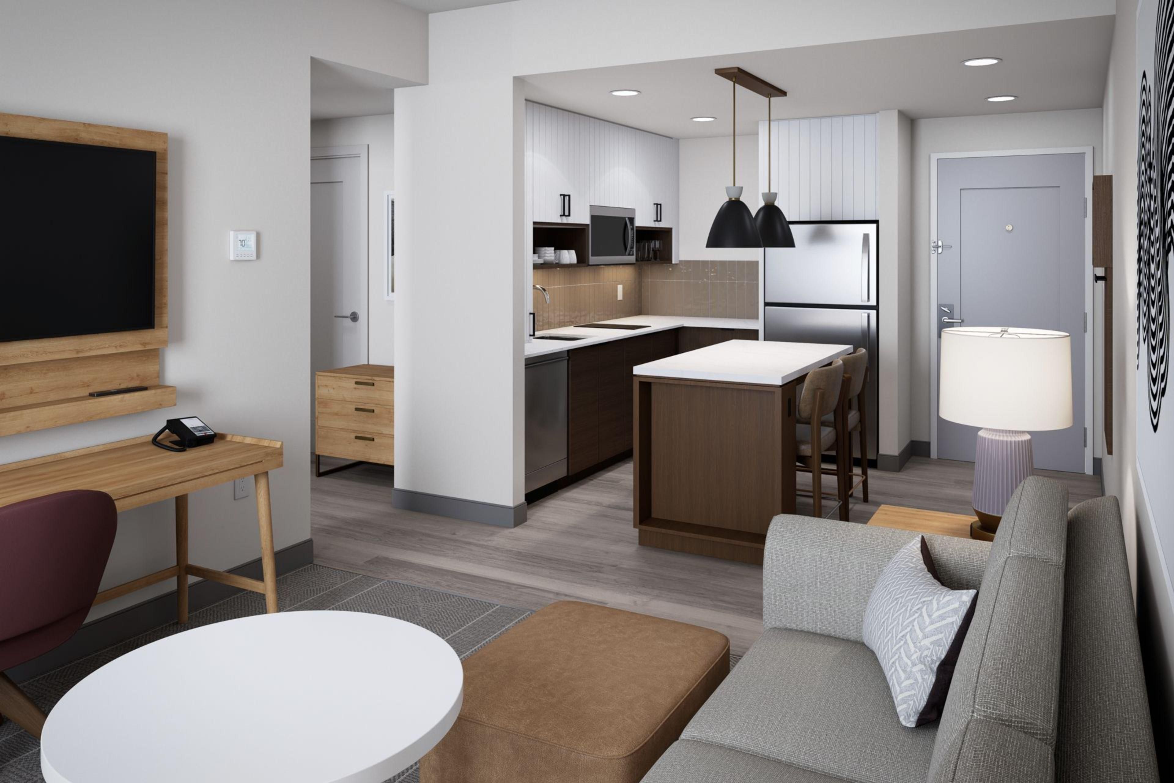 Our hotel is an all-suite property meaning every room is equipped with a full kitchen: refrigerator, microwave, two-burner cooktop, dishwasher, and all the cooking and dining utensils you need to make the stay your very own!