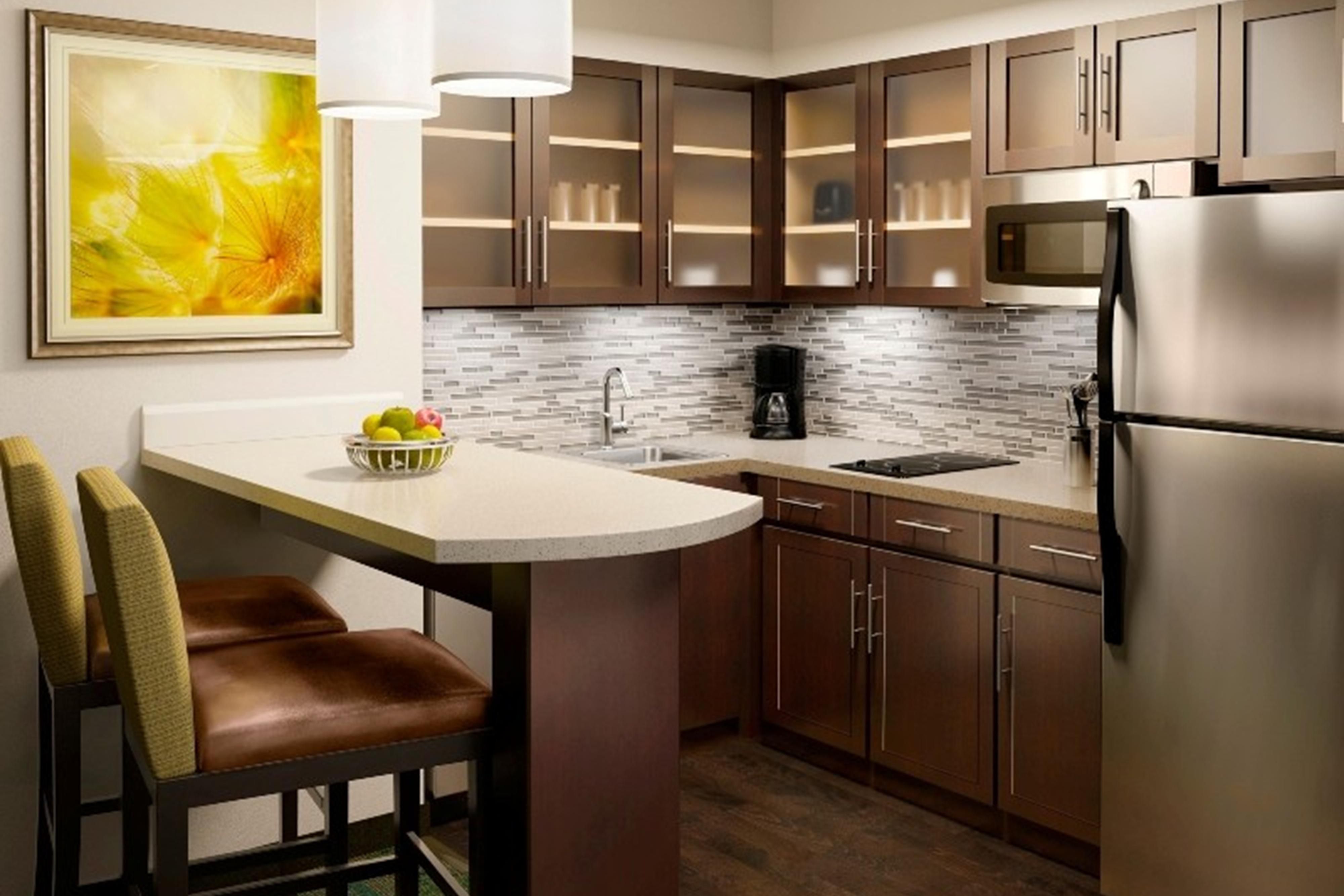 All suites have a fully equipped kitchen for your convenience including, a stove, full-size refrigerator, microwave, dishwasher, cooking and dining utensils, large coffee maker, and ample counter space.
