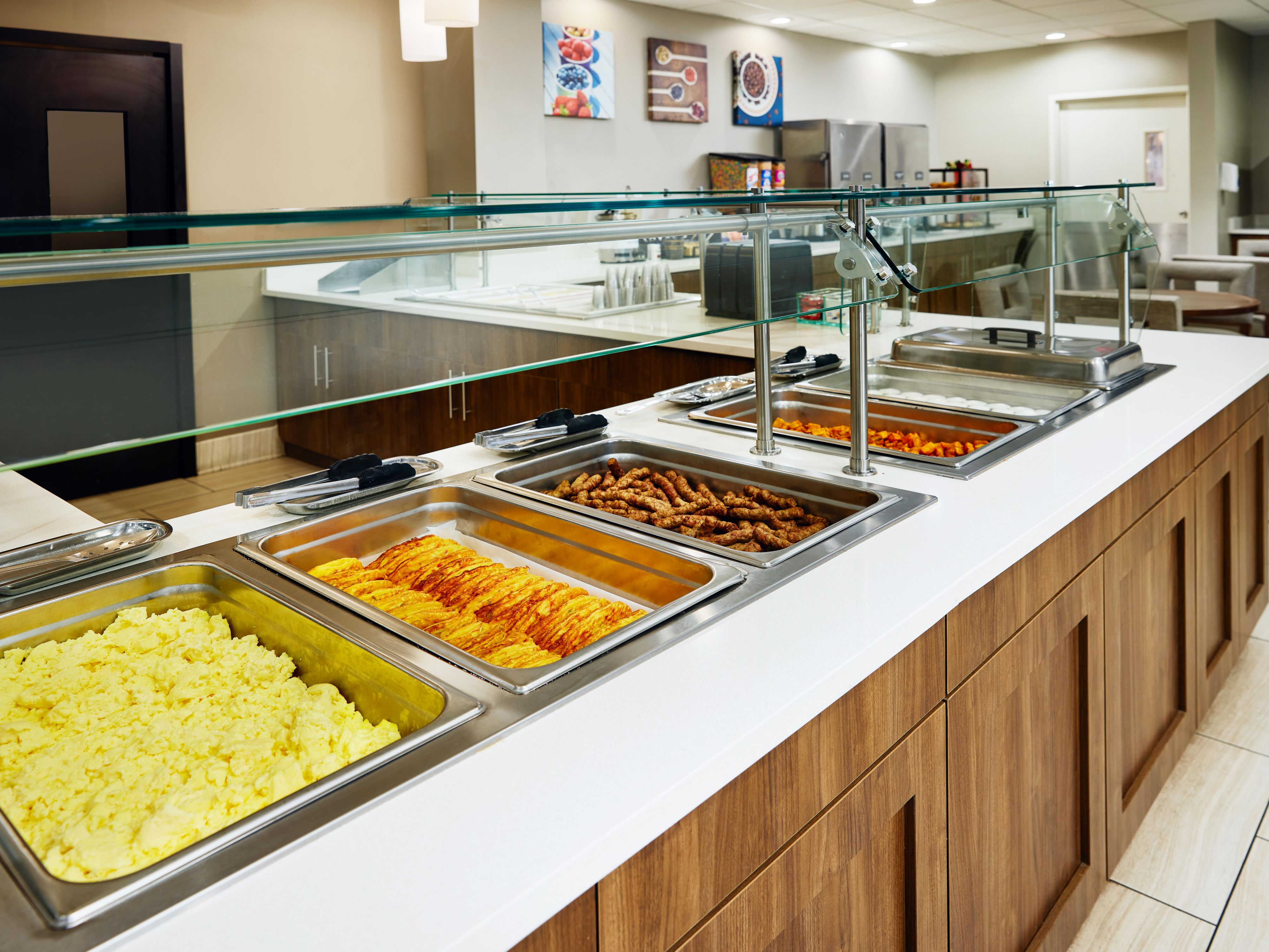 Breakfast buffet with eggs and sausage