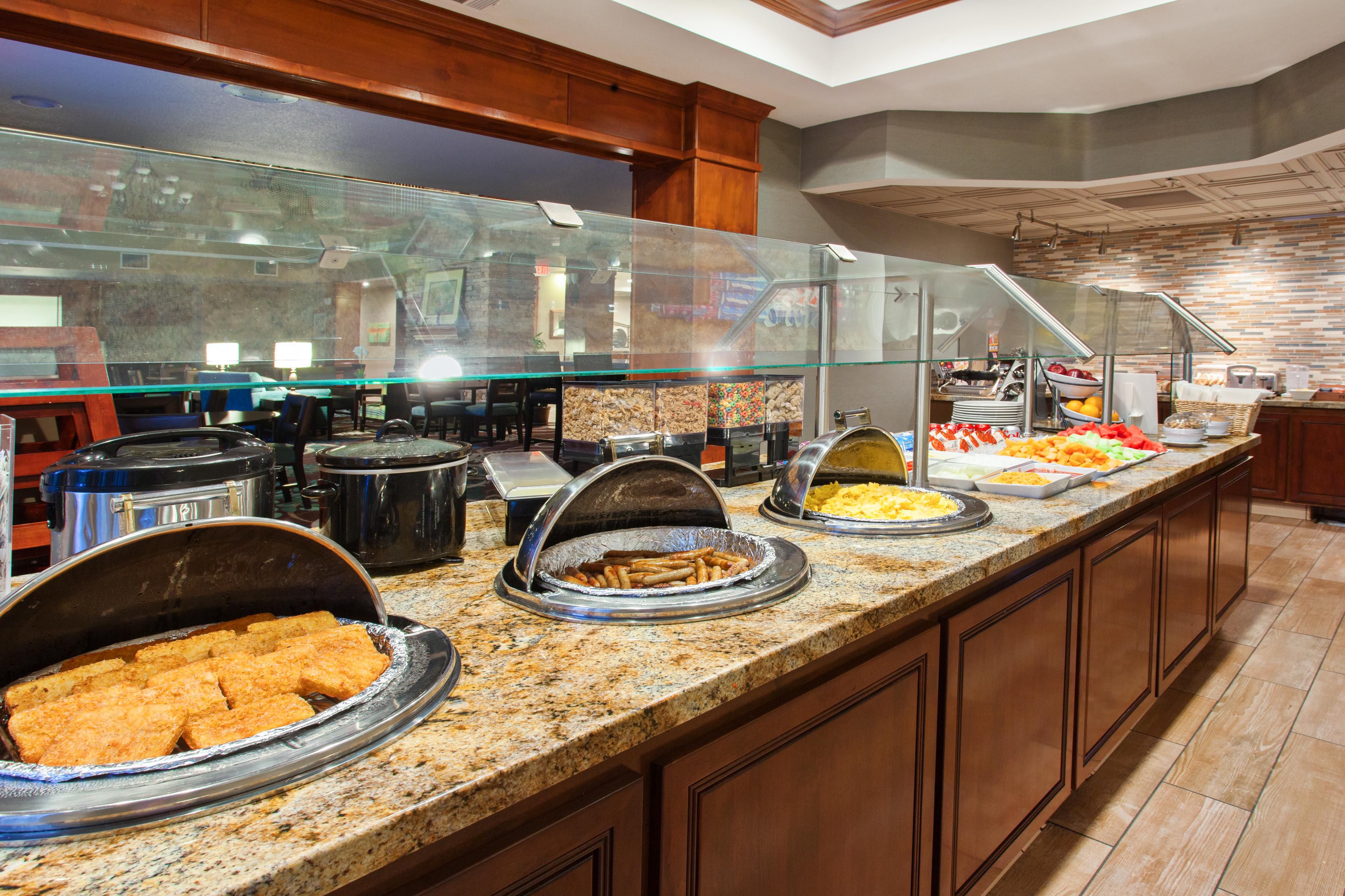 All items for breakfast will be provided in To Go Containers served by our staff. "Start your day off right with our hot buffet breakfast served daily starting at 6:30am - 9:30am Monday - Friday and 7:30am - 10:30am Saturday & Sunday. Enjoy freshly baked blueberry muffins! 