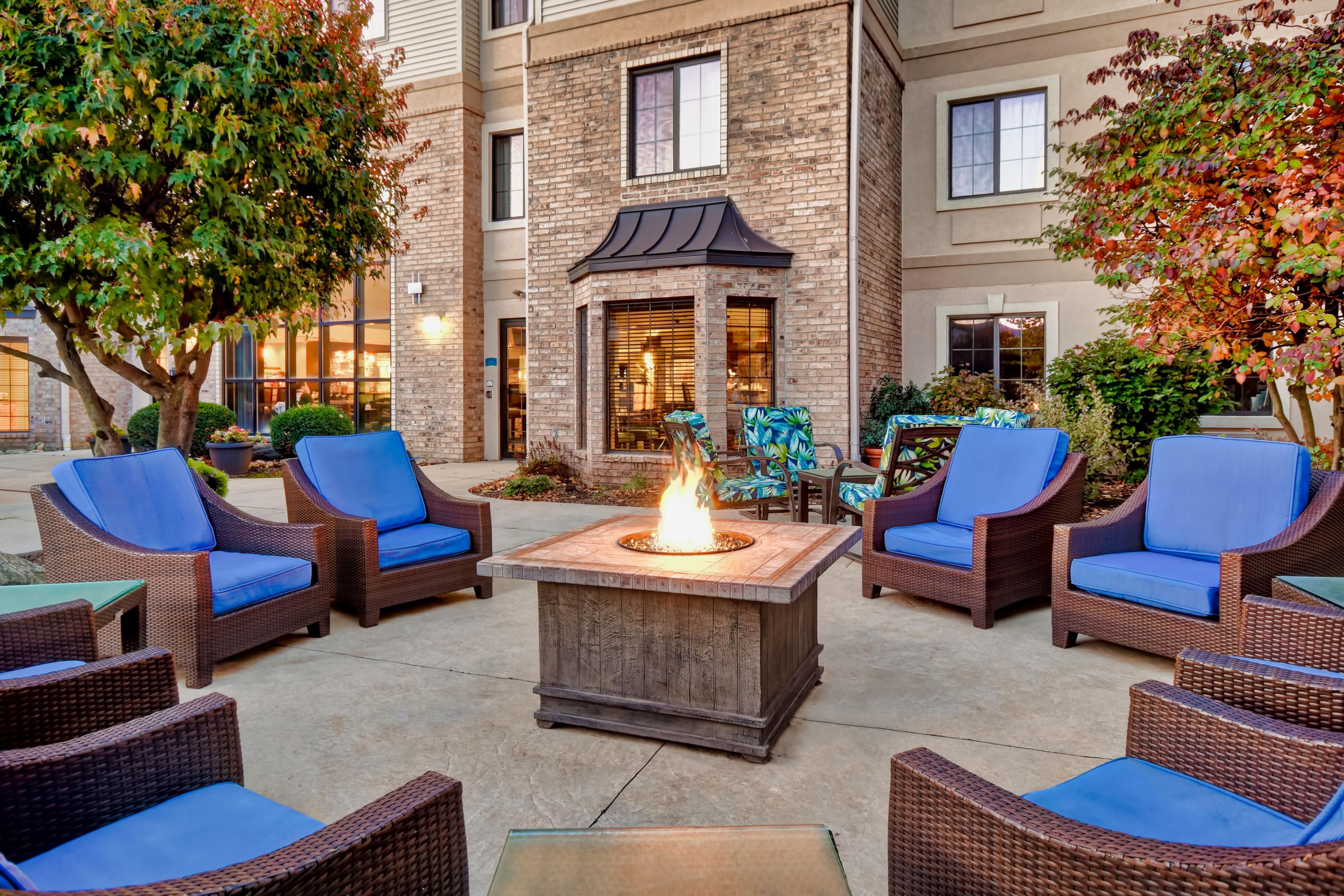 Attend an evening happy hour, sit and savor free hot breakfast, kick back by the fireplace, breathe in some fresh air by our outdoor fire pit, break a sweat in our fitness center. 