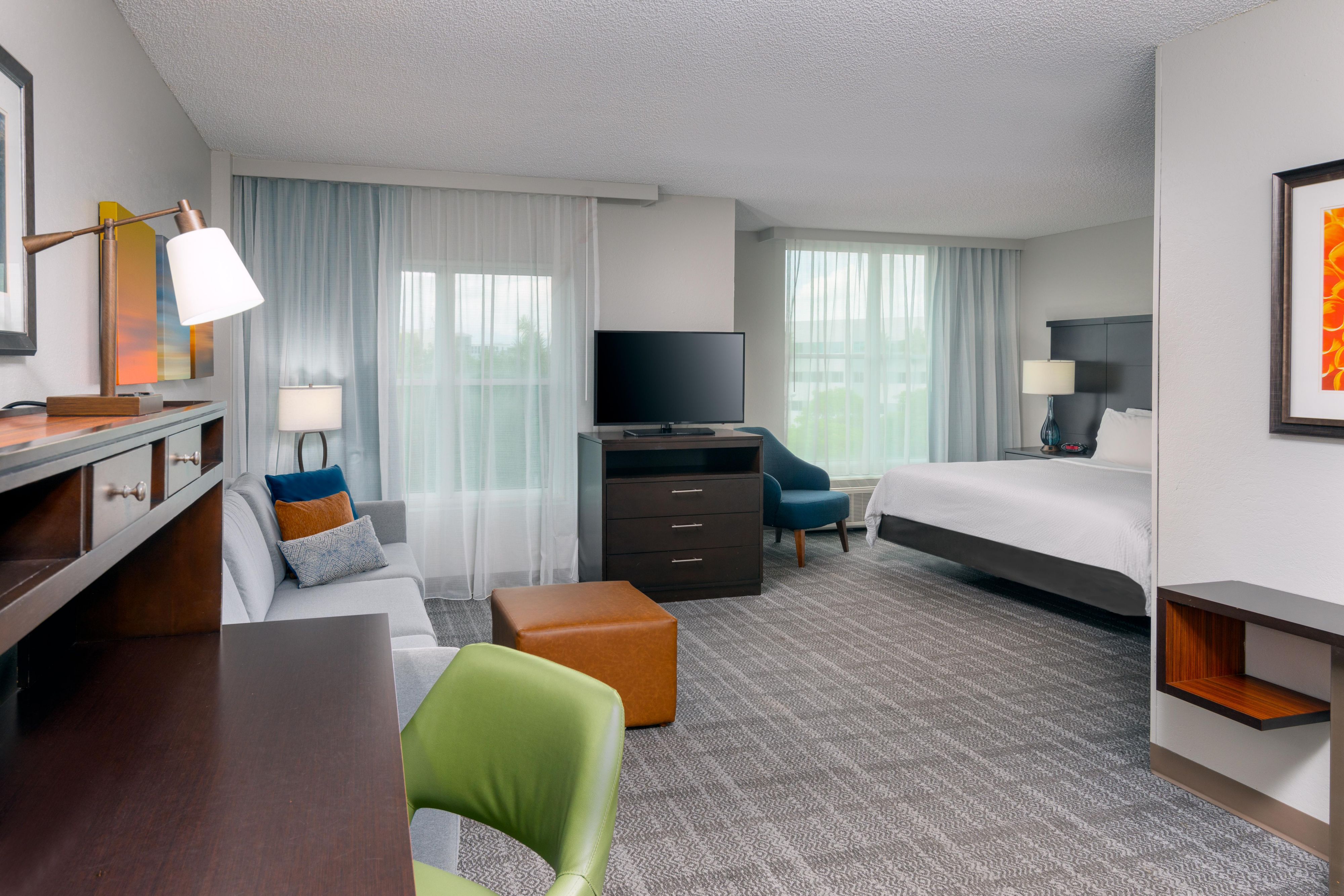 Or large suites feature a sitting area with pullout sofa, free wifi and a kitchen with stovetop, full size refrigerator, microwave and dishwasher. When you need to be away, let us be your home away from home. 