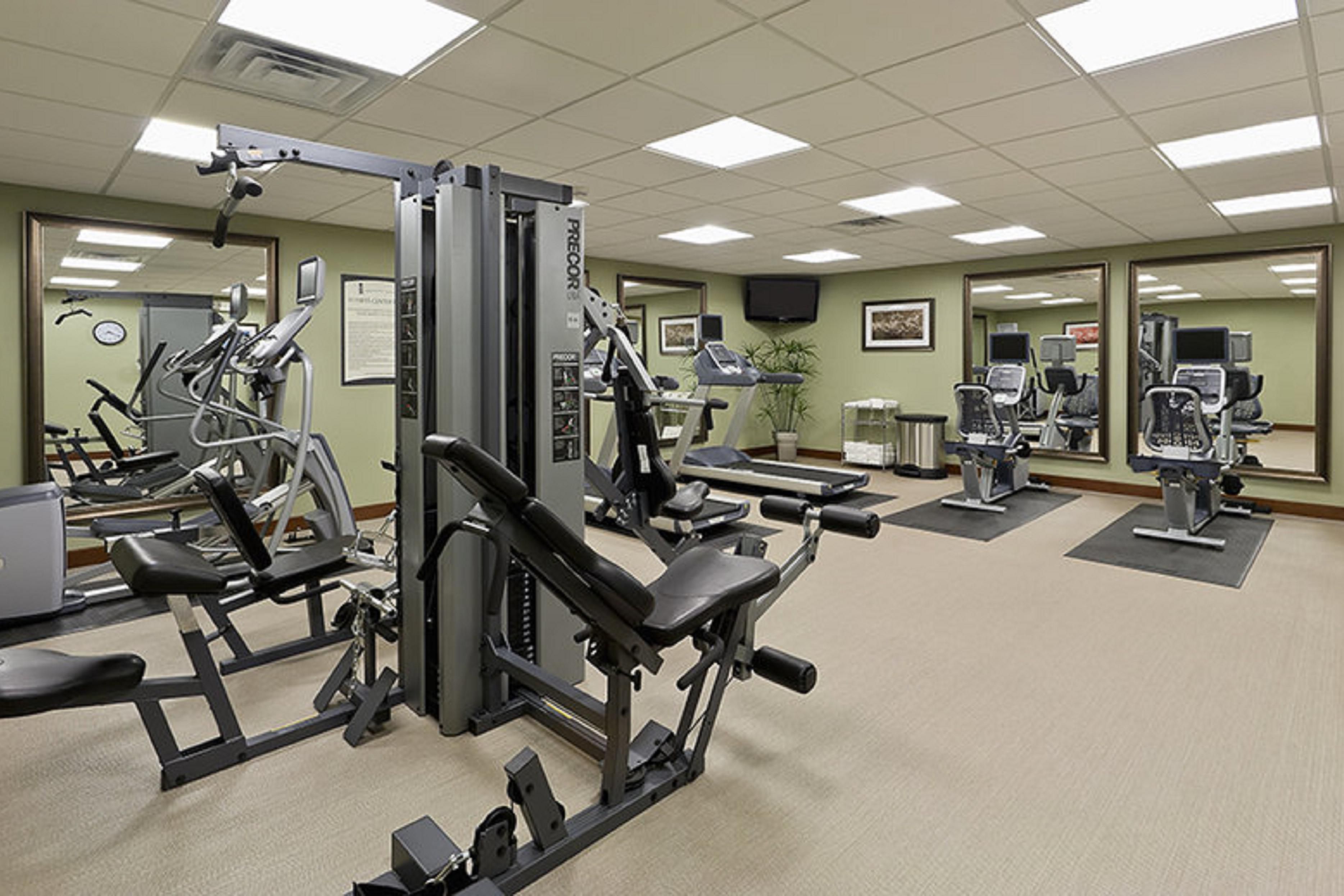 Our fitness center features treadmills, free weights and more
