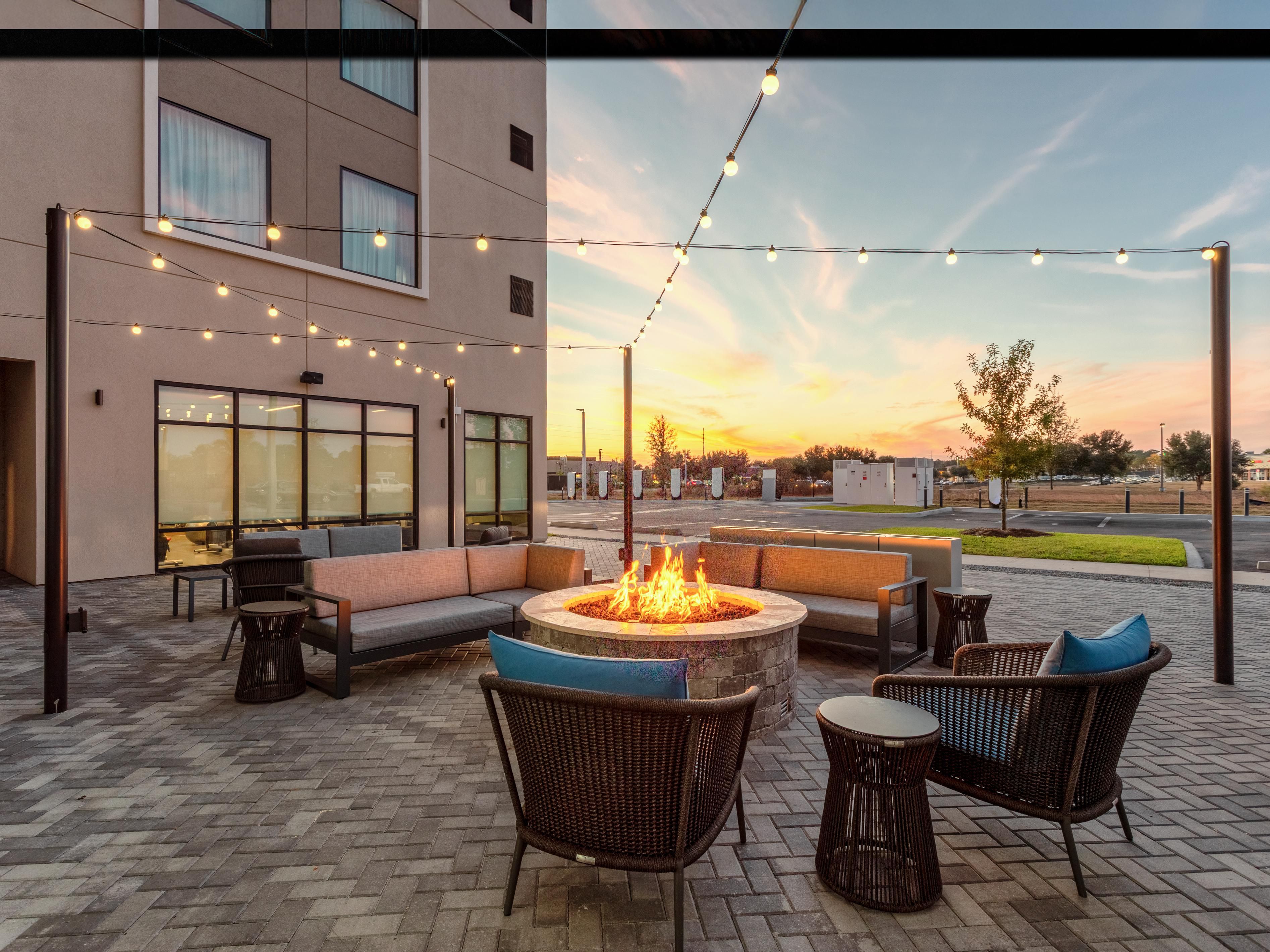 Outdoor firepit at dusk