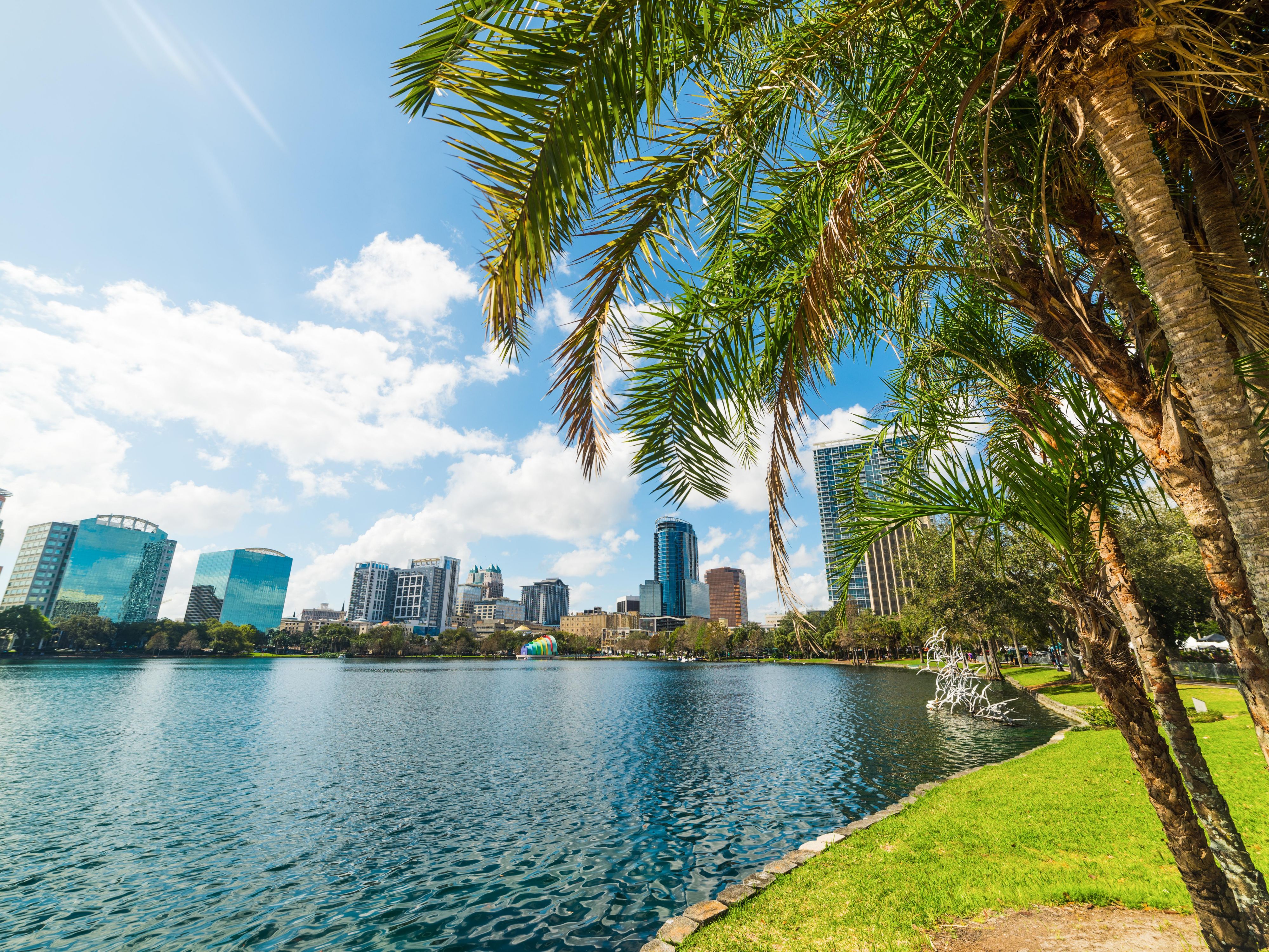Downtown Orlando with palm trees