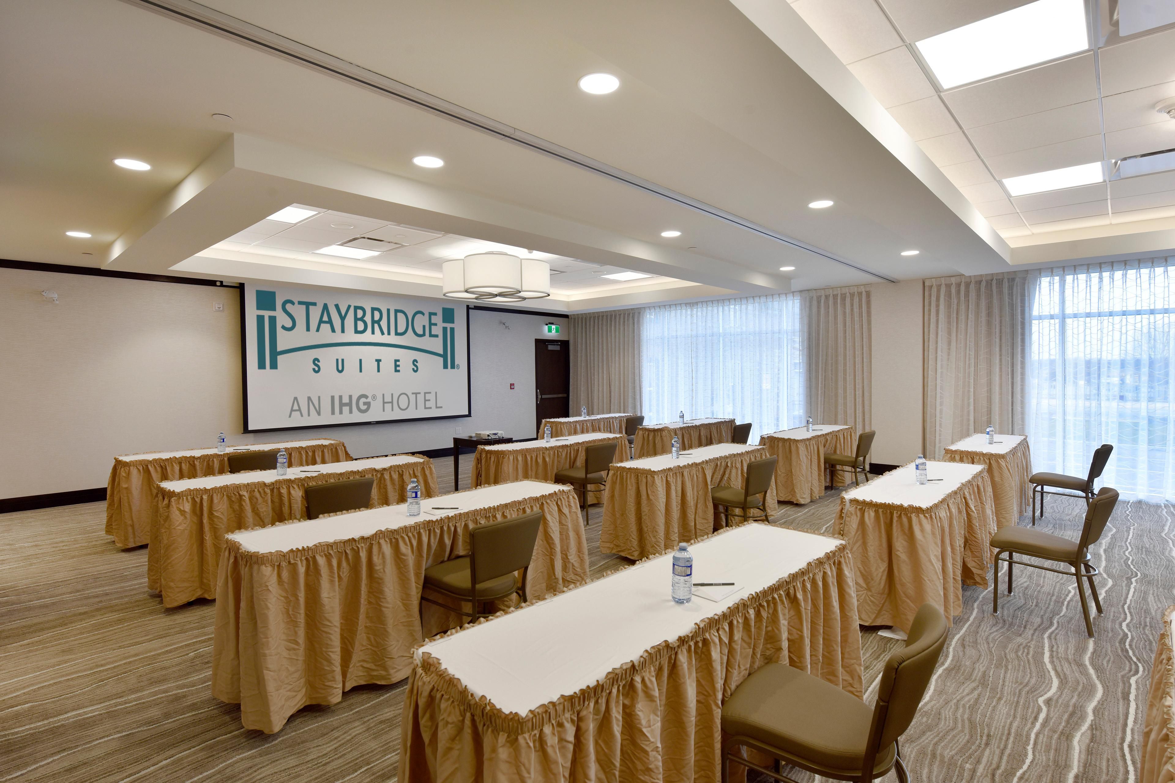 Staybridge Suites Waterloo/St. Jacobs offers over 1,500 square feet of versatile meeting space boasting large windows with natural light. Our Woolwich Room is available in a variety of arrangements, with audio-visual aids, and catering options available. Contact us today!